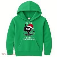 Black Cat christmas It's Fine I'm Fine Everything Is Fine Kids Hoodie thumb 0