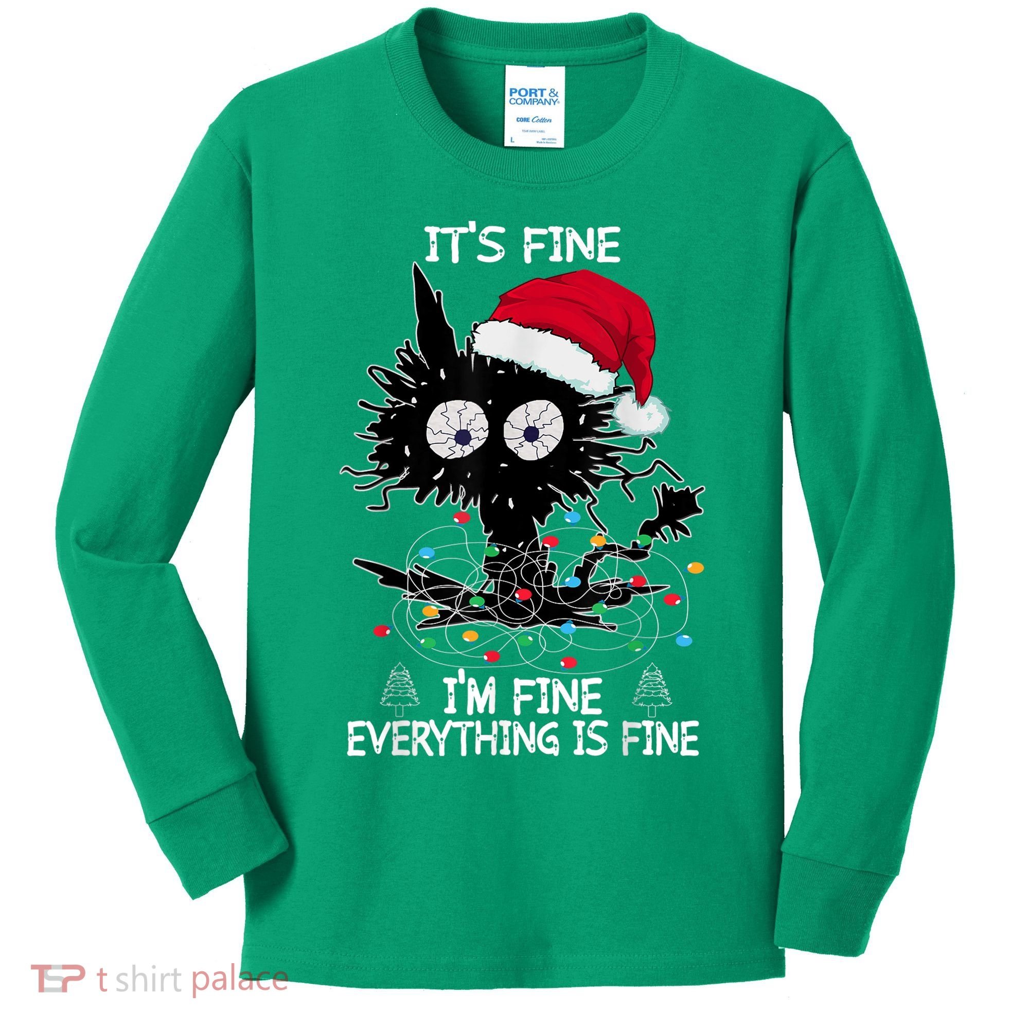 Black Cat christmas It's Fine I'm Fine Everything Is Fine Kids Long Sleeve Shirt