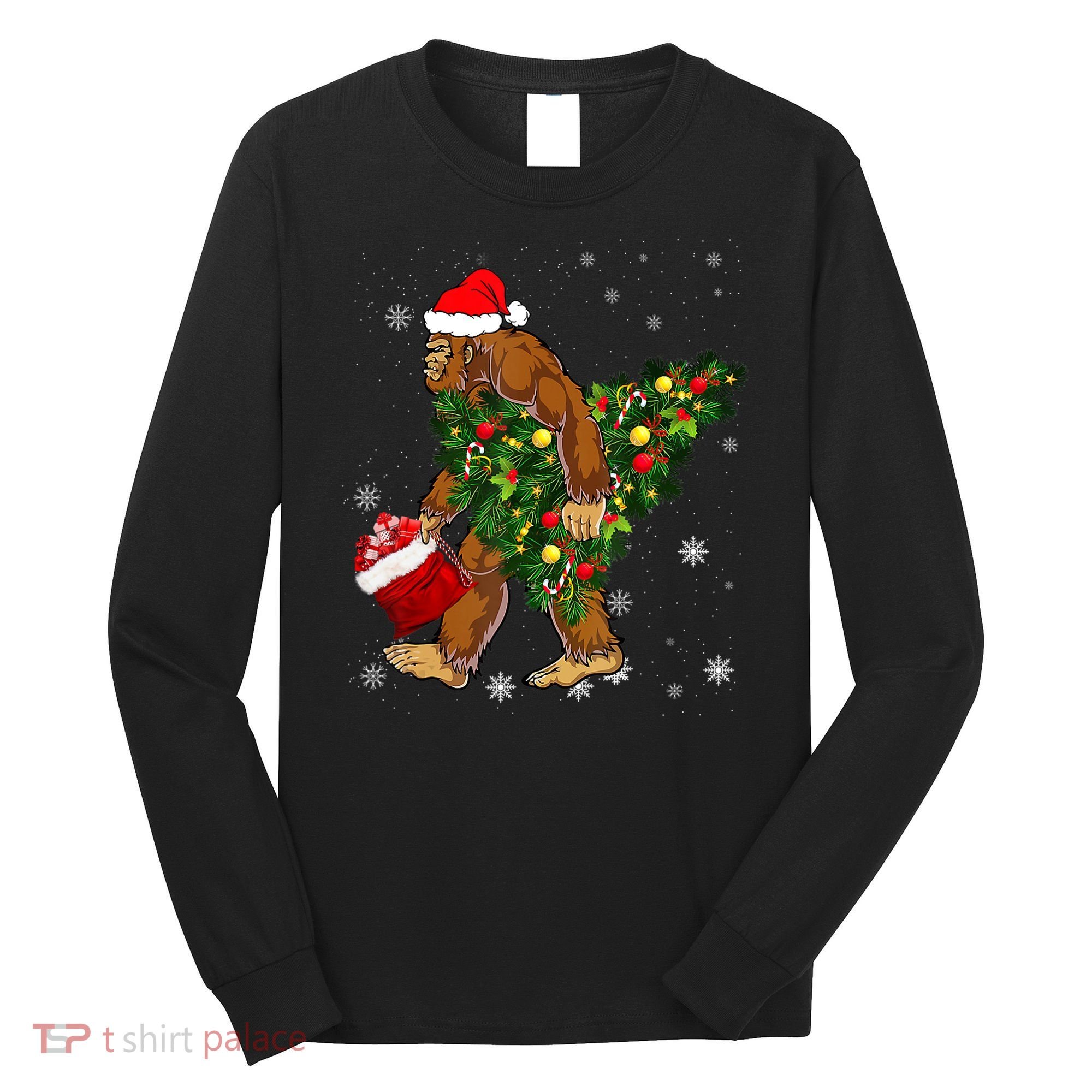 Bigfoot Carrying Christmas Tree Sasquatch Believer Pajama Long Sleeve Shirt