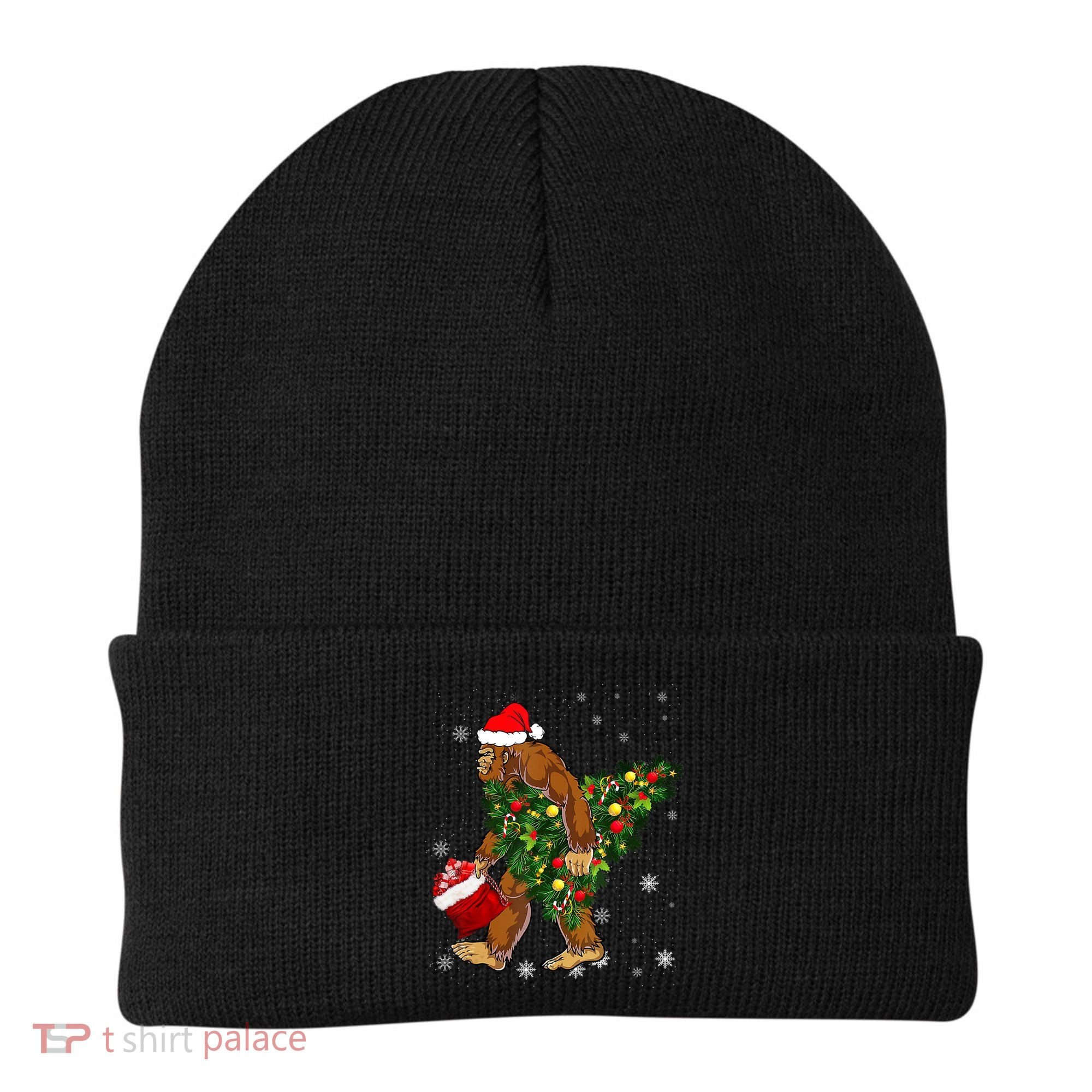 Bigfoot Carrying Christmas Tree Sasquatch Believer Pajama Beanie