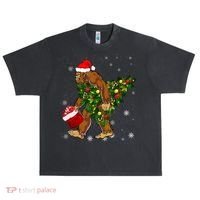 Bigfoot Carrying Christmas Tree Sasquatch Believer Pajama Urban Oversized Heavyweight T-Shirt thumb 0