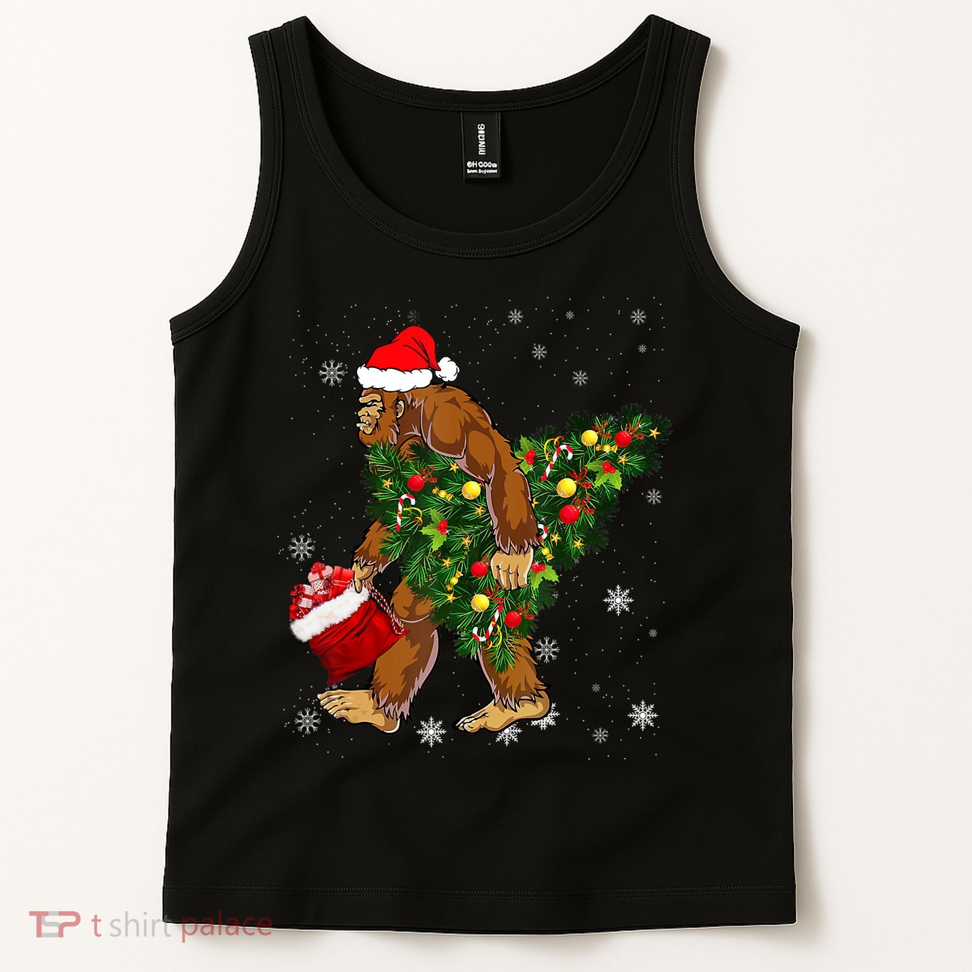 Bigfoot Carrying Christmas Tree Sasquatch Believer Pajama Tank Top