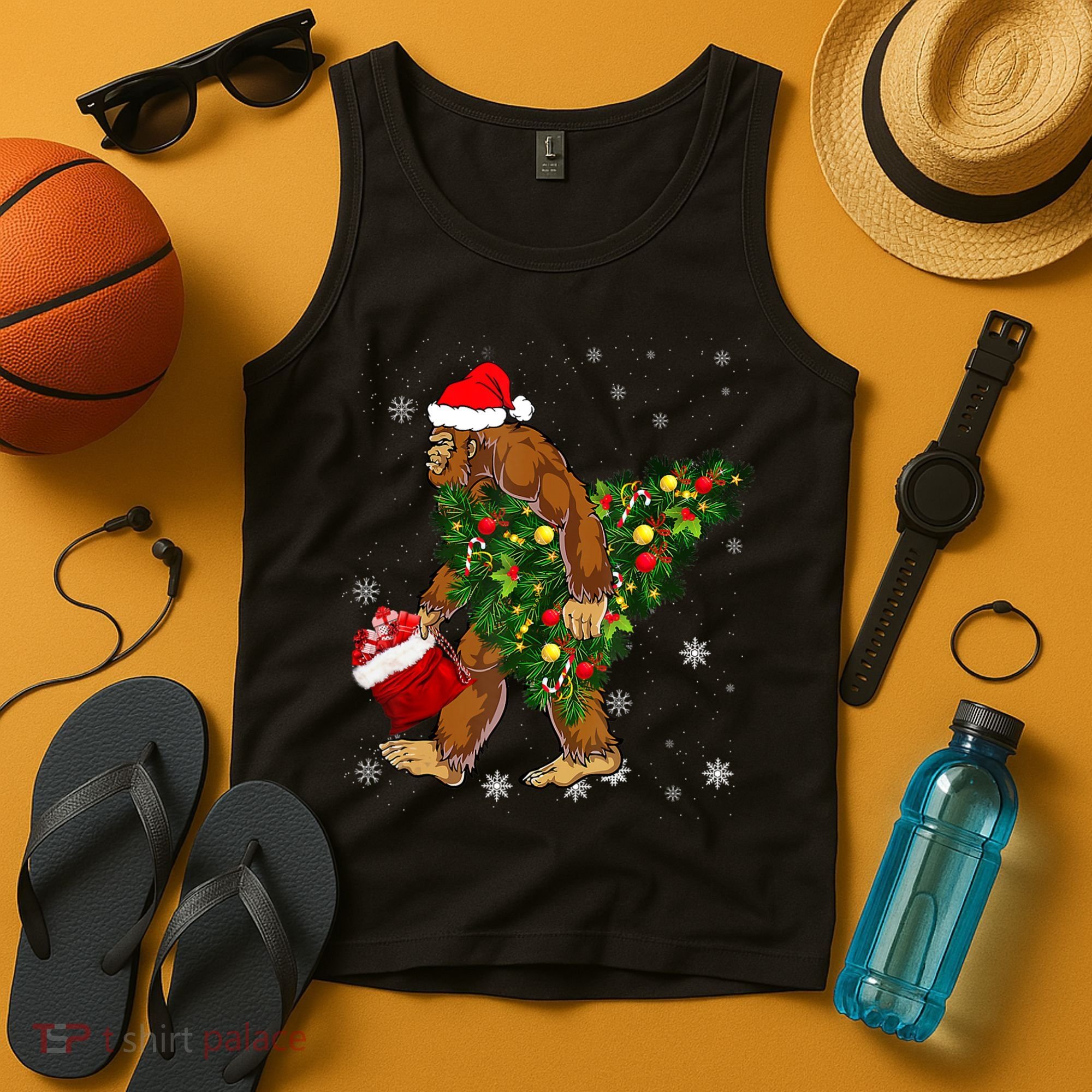 Bigfoot Carrying Christmas Tree Sasquatch Believer Pajama Tank Top