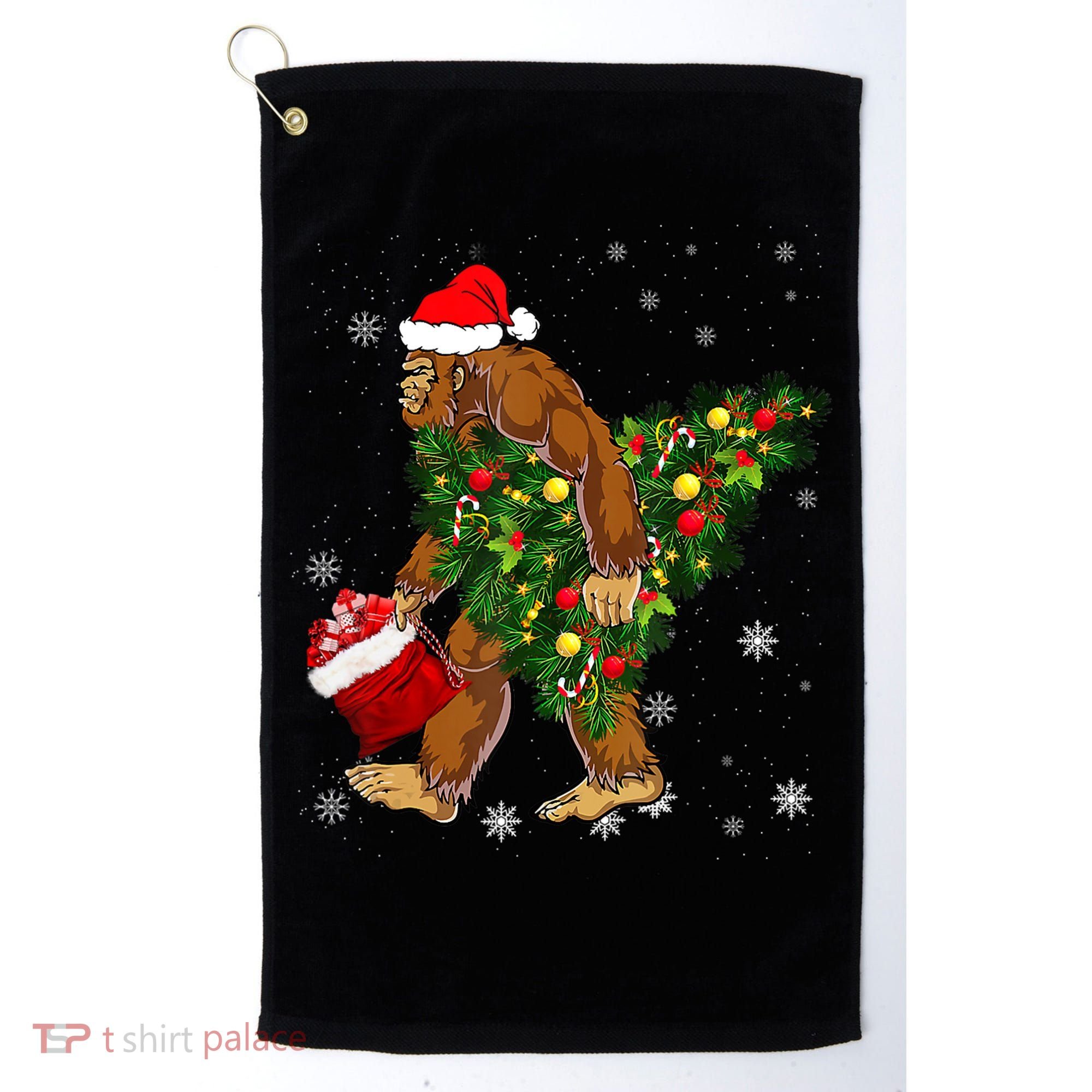 Bigfoot Carrying Christmas Tree Sasquatch Believer Pajama Golf Towel