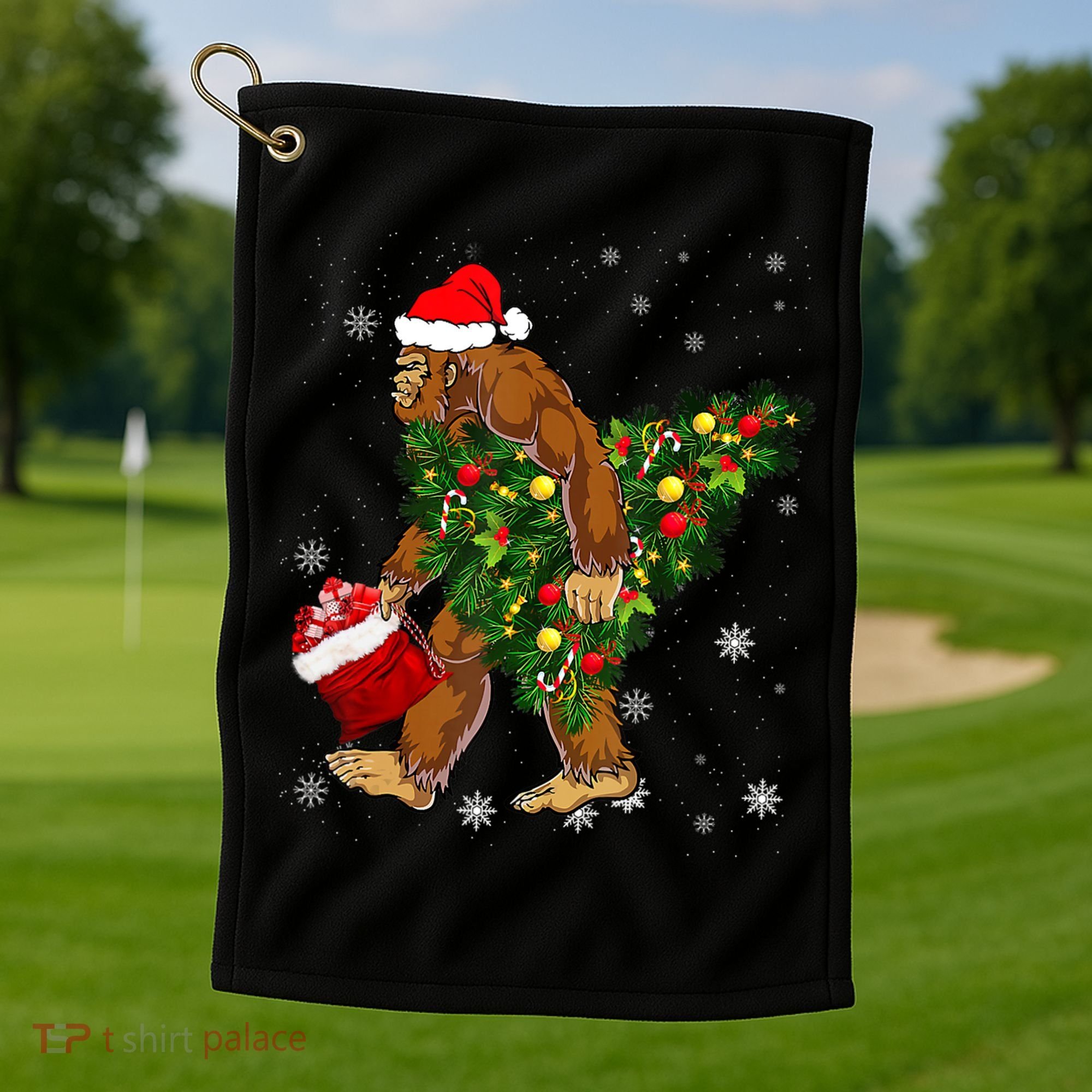 Bigfoot Carrying Christmas Tree Sasquatch Believer Pajama Golf Towel