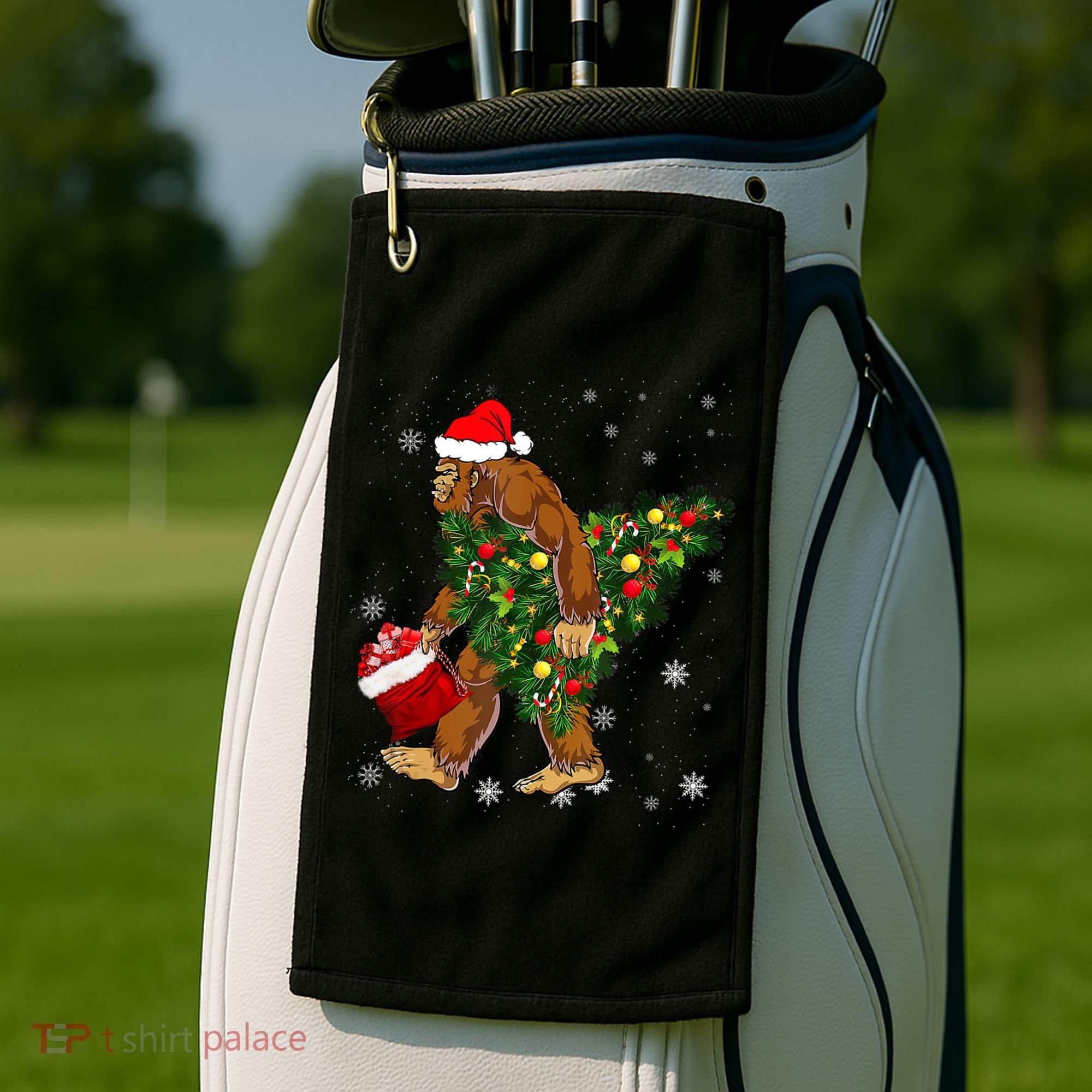 Bigfoot Carrying Christmas Tree Sasquatch Believer Pajama Golf Towel