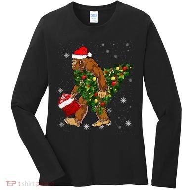 Bigfoot Carrying Christmas Tree Sasquatch Believer Pajama Women's Long Sleeve Shirt