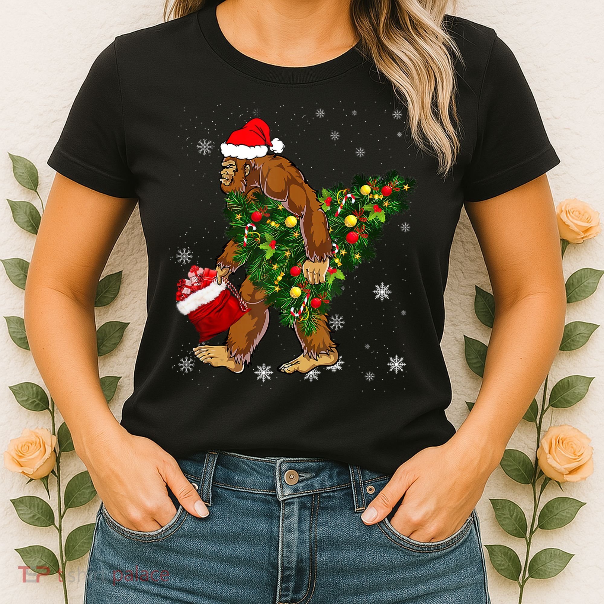 Bigfoot Carrying Christmas Tree Sasquatch Believer Pajama Women's T-Shirt