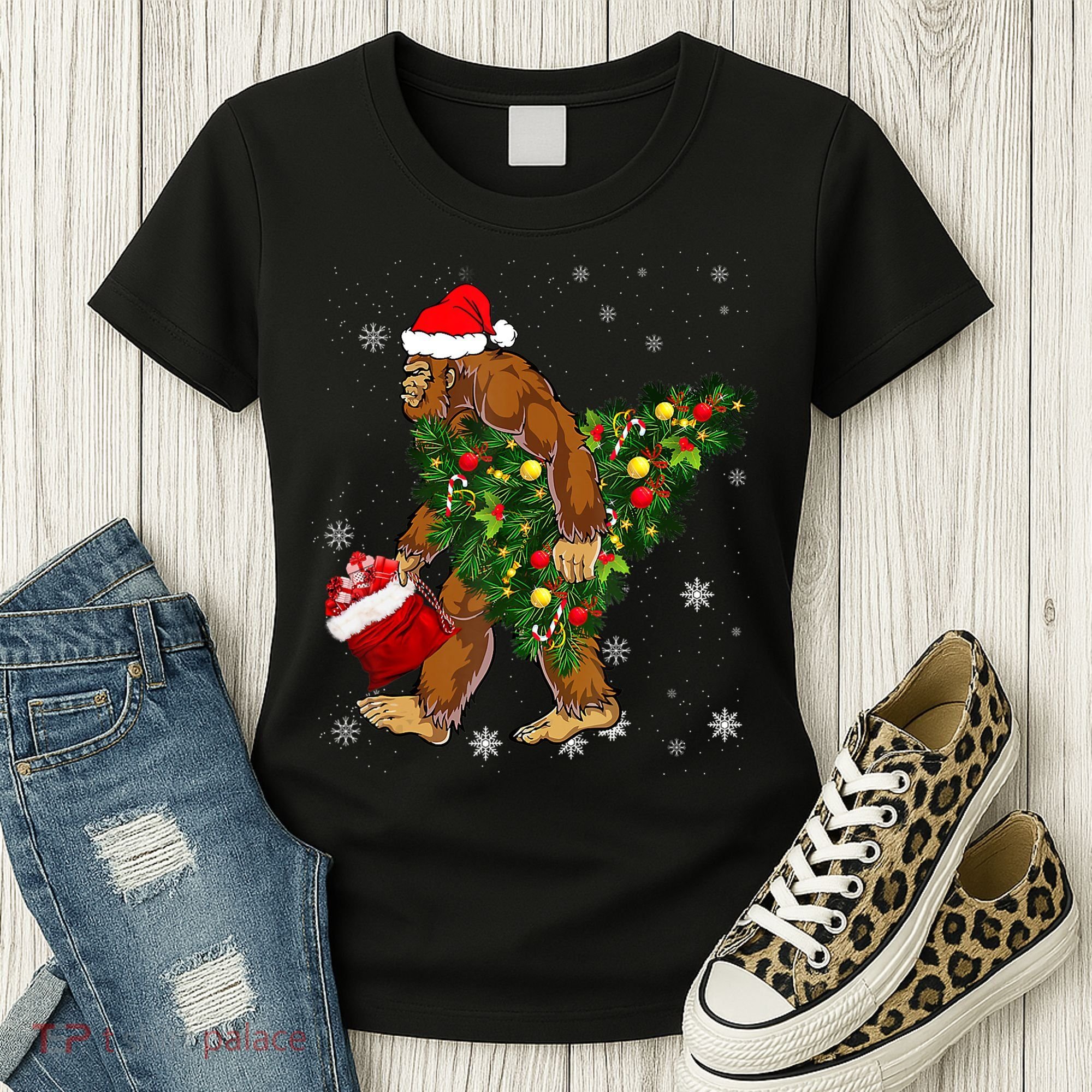Bigfoot Carrying Christmas Tree Sasquatch Believer Pajama Women's T-Shirt