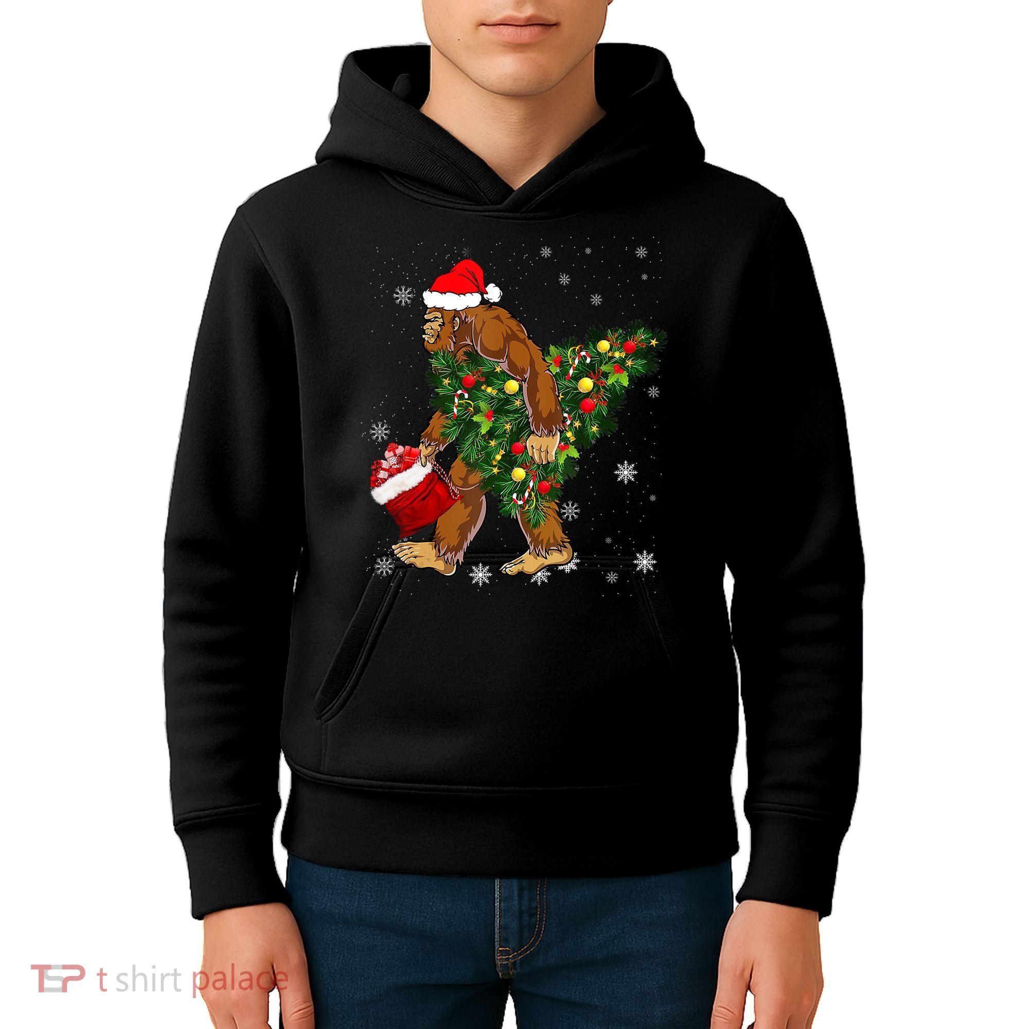 Bigfoot Carrying Christmas Tree Sasquatch Believer Pajama Kids Hoodie