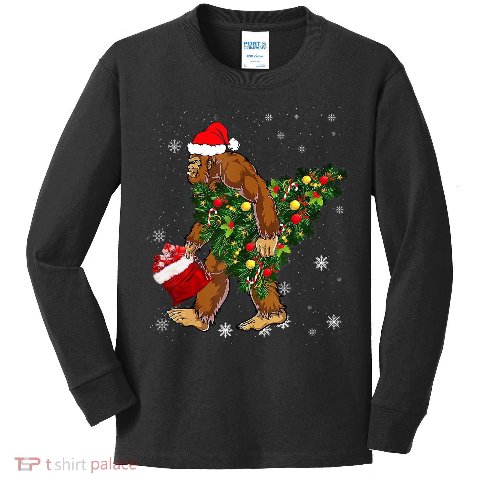 Bigfoot Carrying Christmas Tree Sasquatch Believer Pajama Kids Long Sleeve Shirt