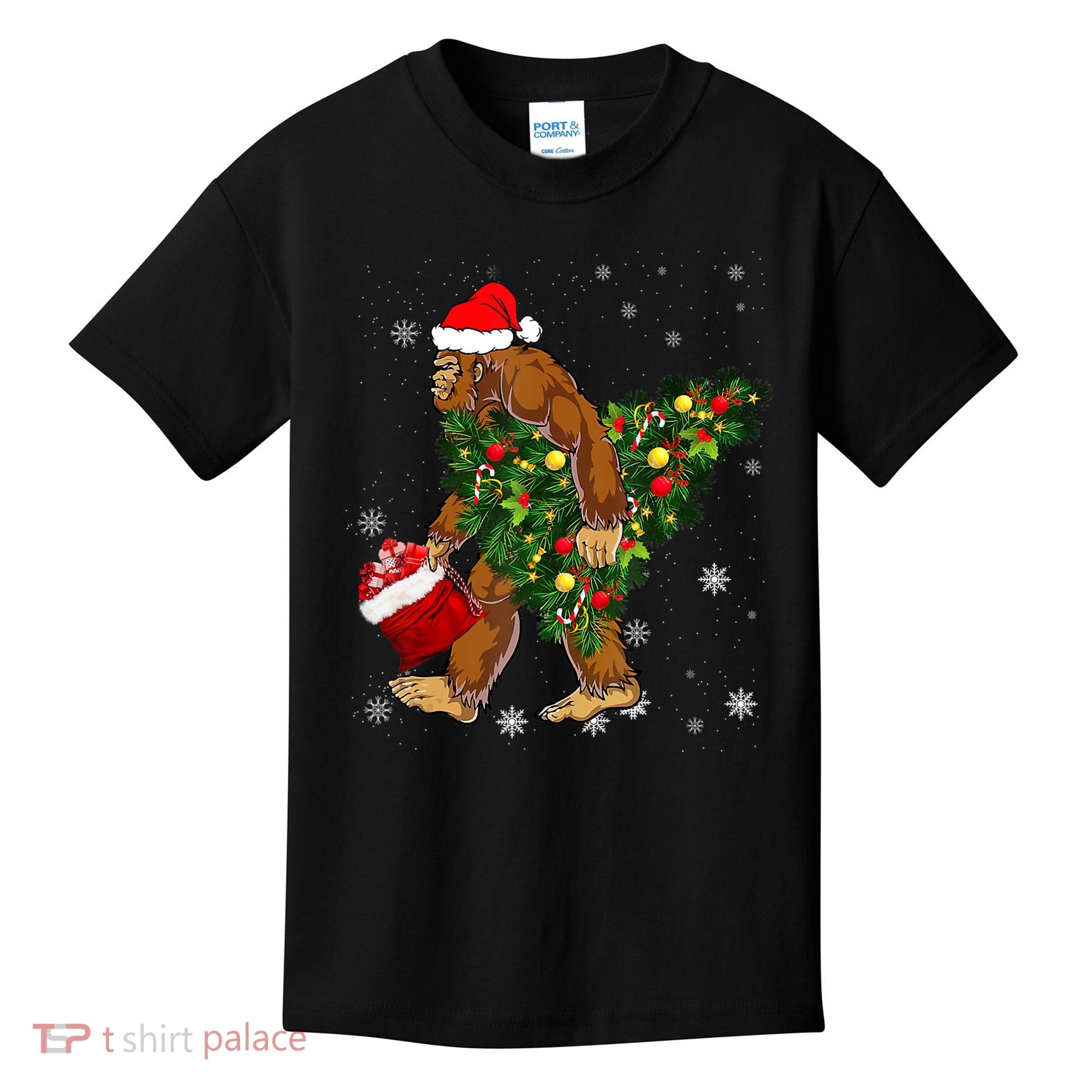 Bigfoot Carrying Christmas Tree Sasquatch Believer Pajama Kids T-Shirt
