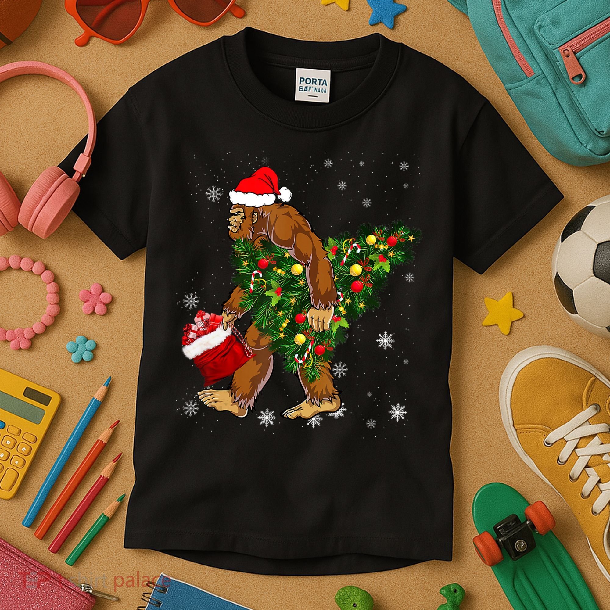 Bigfoot Carrying Christmas Tree Sasquatch Believer Pajama Kids T-Shirt