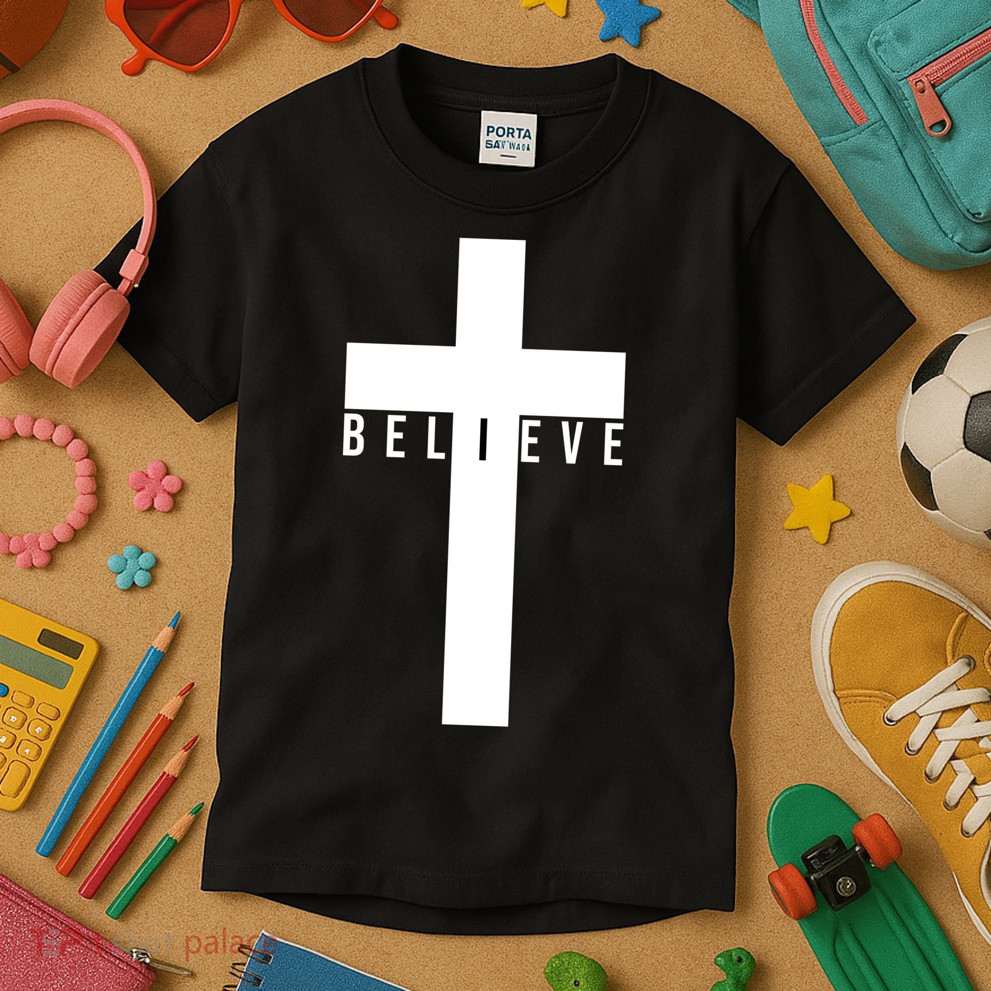 Believe Christian Cross Religious Kids T-Shirt