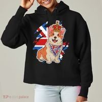 British Corgi Dog Crown Union Jack Queens Platinum Jubilee Great Gift Ladies Heavyweight Boxy Pullover Hoodie thumb 0