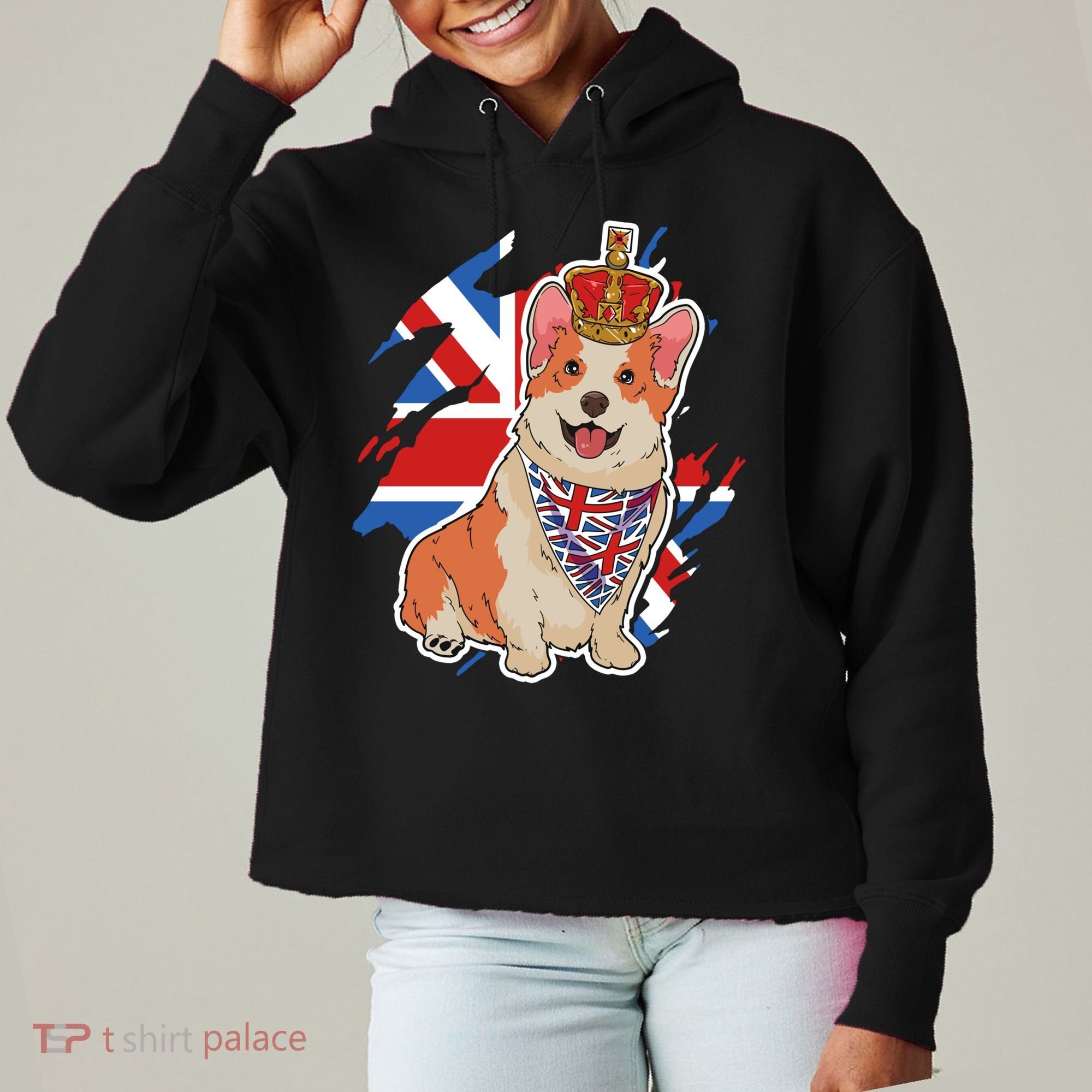 British Corgi Dog Crown Union Jack Queens Platinum Jubilee Great Gift Ladies Heavyweight Boxy Pullover Hoodie