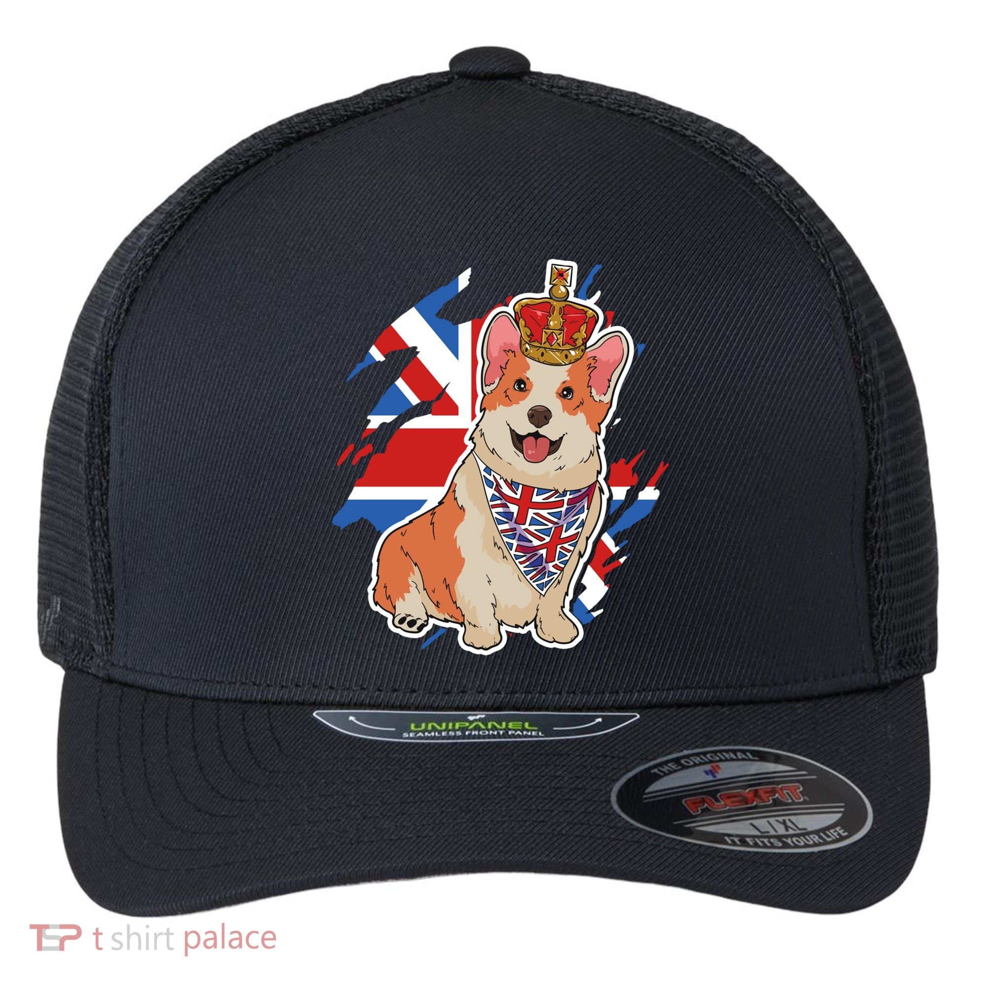 British Corgi Dog Crown Union Jack Queens Platinum Jubilee Great Gift Flexfit Unipanel Trucker Cap