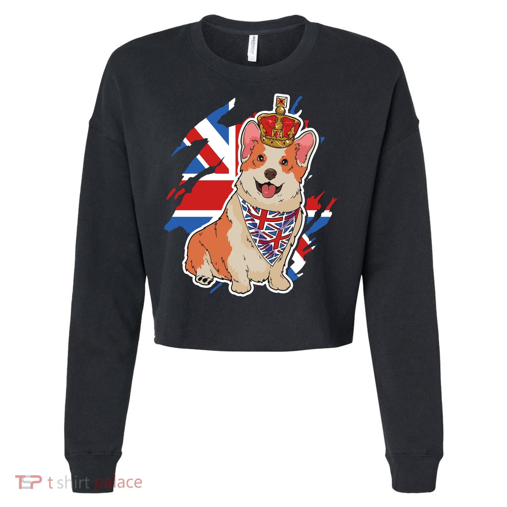 British Corgi Dog Crown Union Jack Queens Platinum Jubilee Great Gift Cropped Pullover Crew