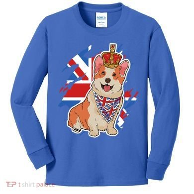 British Corgi Dog Crown Union Jack Queens Platinum Jubilee Great Gift Kids Long Sleeve Shirt