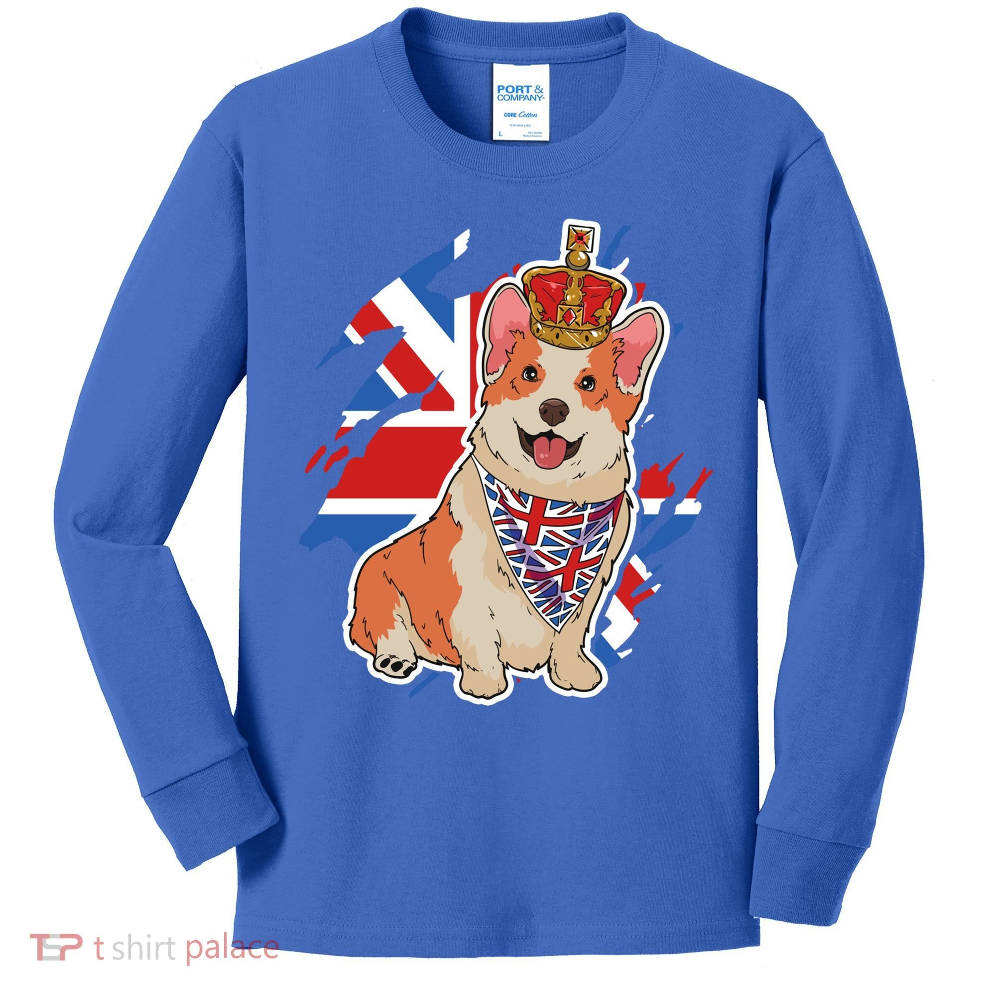British Corgi Dog Crown Union Jack Queens Platinum Jubilee Great Gift Kids Long Sleeve Shirt