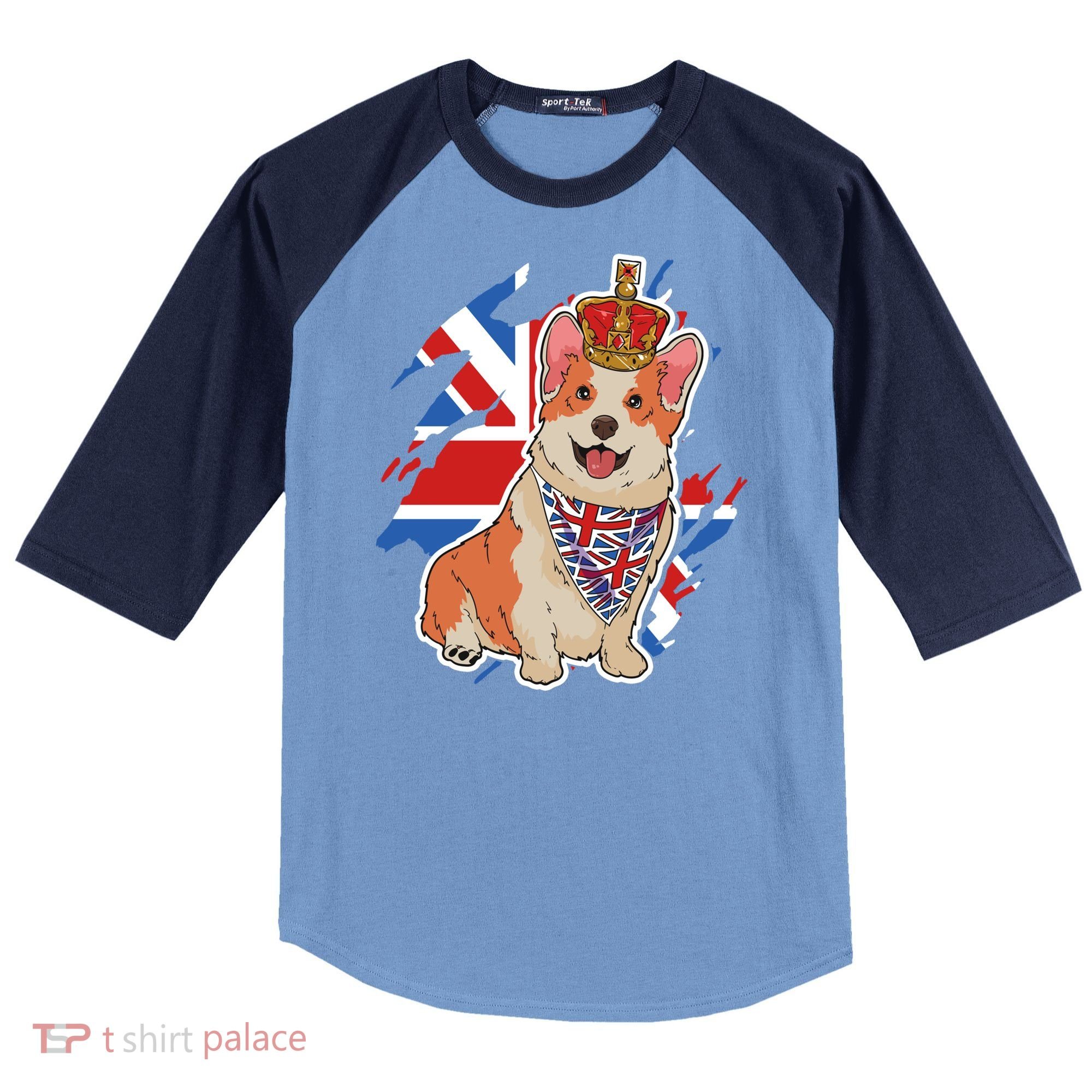 British Corgi Dog Crown Union Jack Queens Platinum Jubilee Great Gift Raglan Baseball Sleeve Shirt