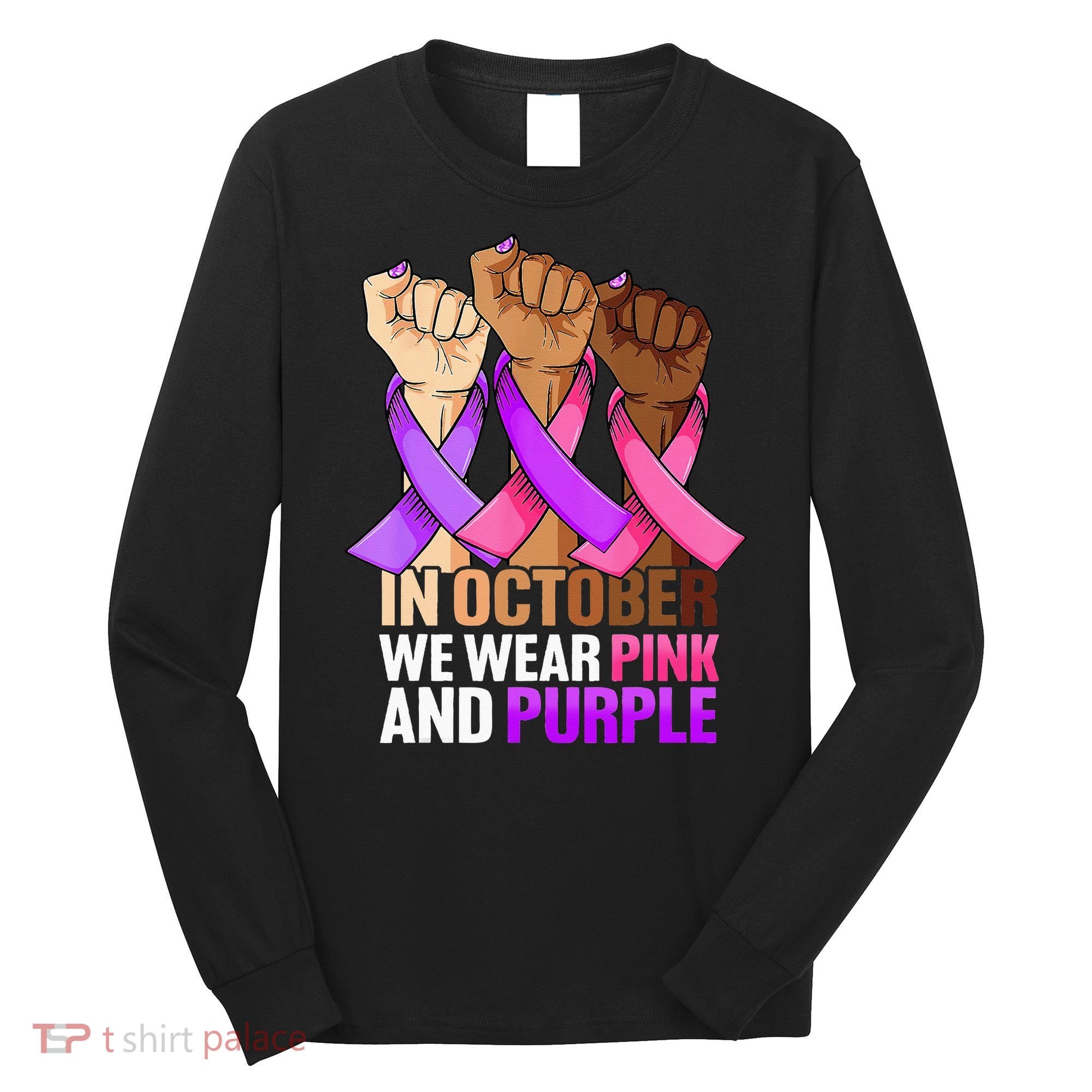 Breast Cancer Domestic Violence Awareness Pink Purple Ribbon Long Sleeve Shirt