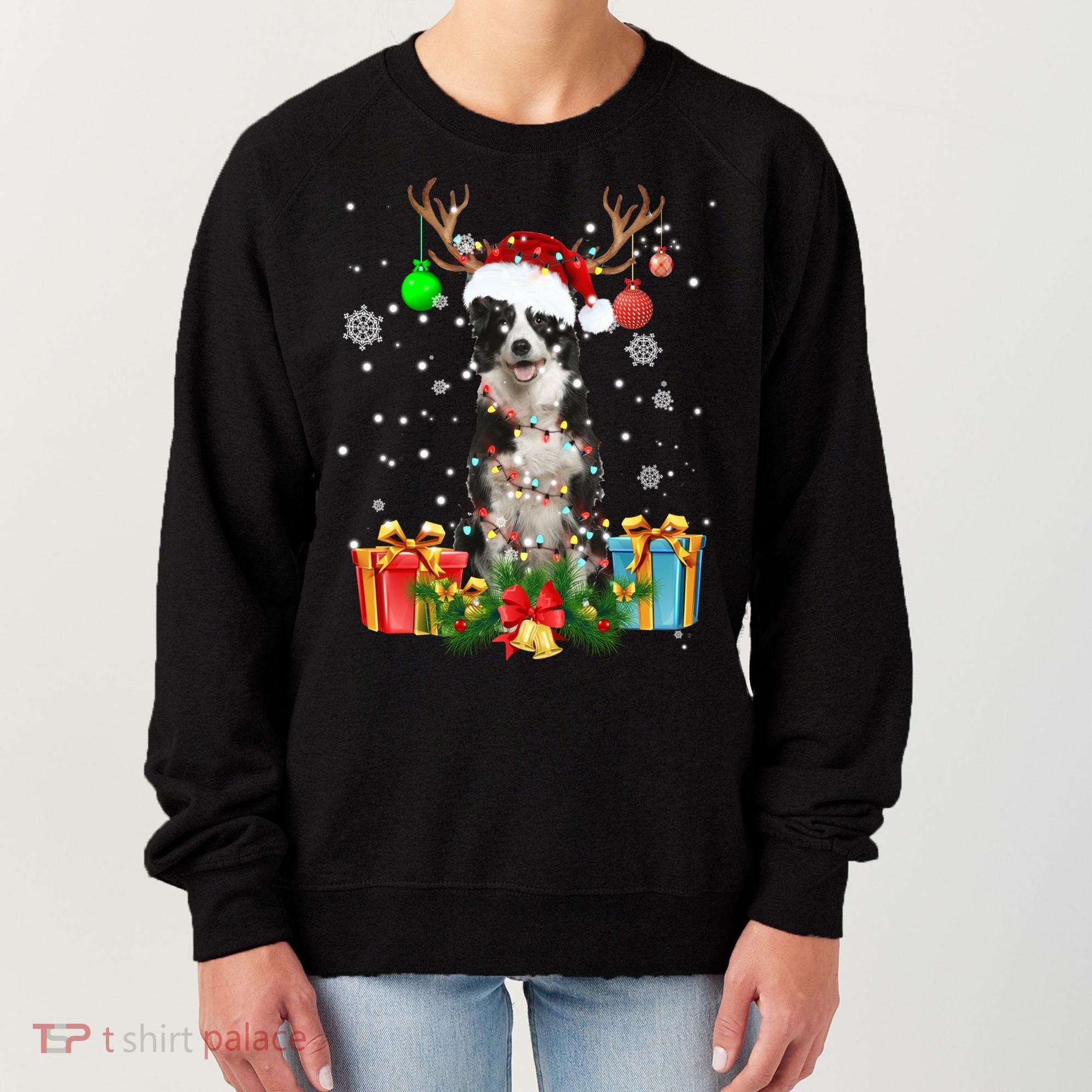 Border Collie Dog Tree Christmas Lights Ugly Xmas Sweater Gift Women's Sweatshirt