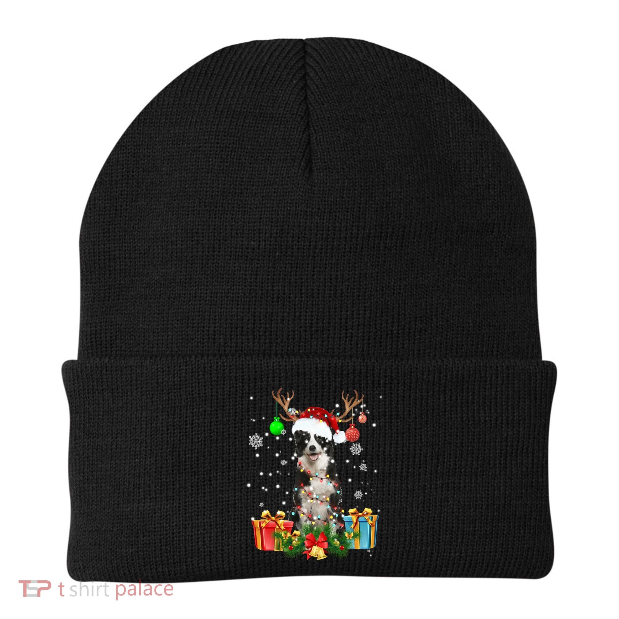Border Collie Dog Tree Christmas Lights Ugly Xmas Sweater Gift Beanie