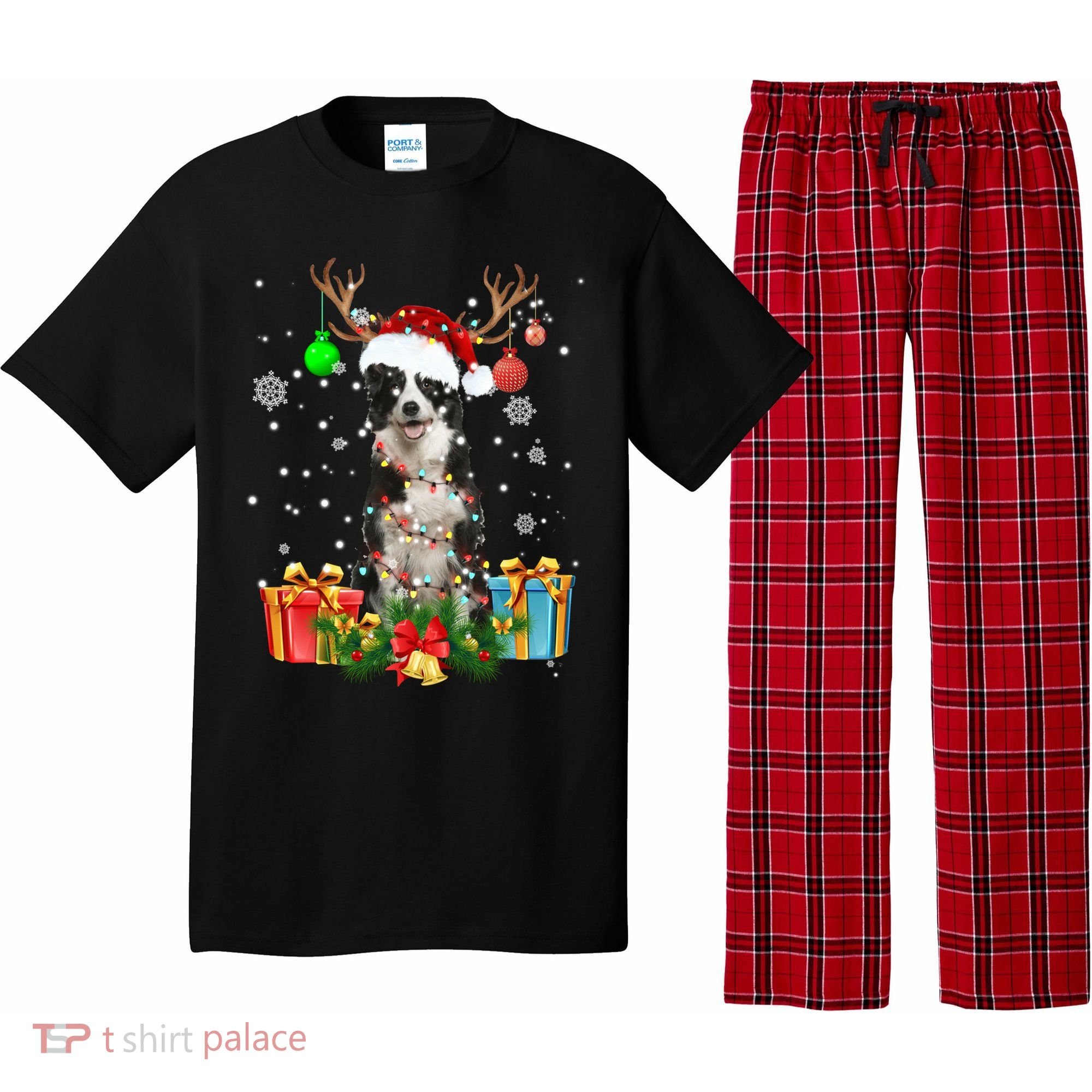 Border Collie Dog Tree Christmas Lights Ugly Xmas Sweater Gift Pajama Set