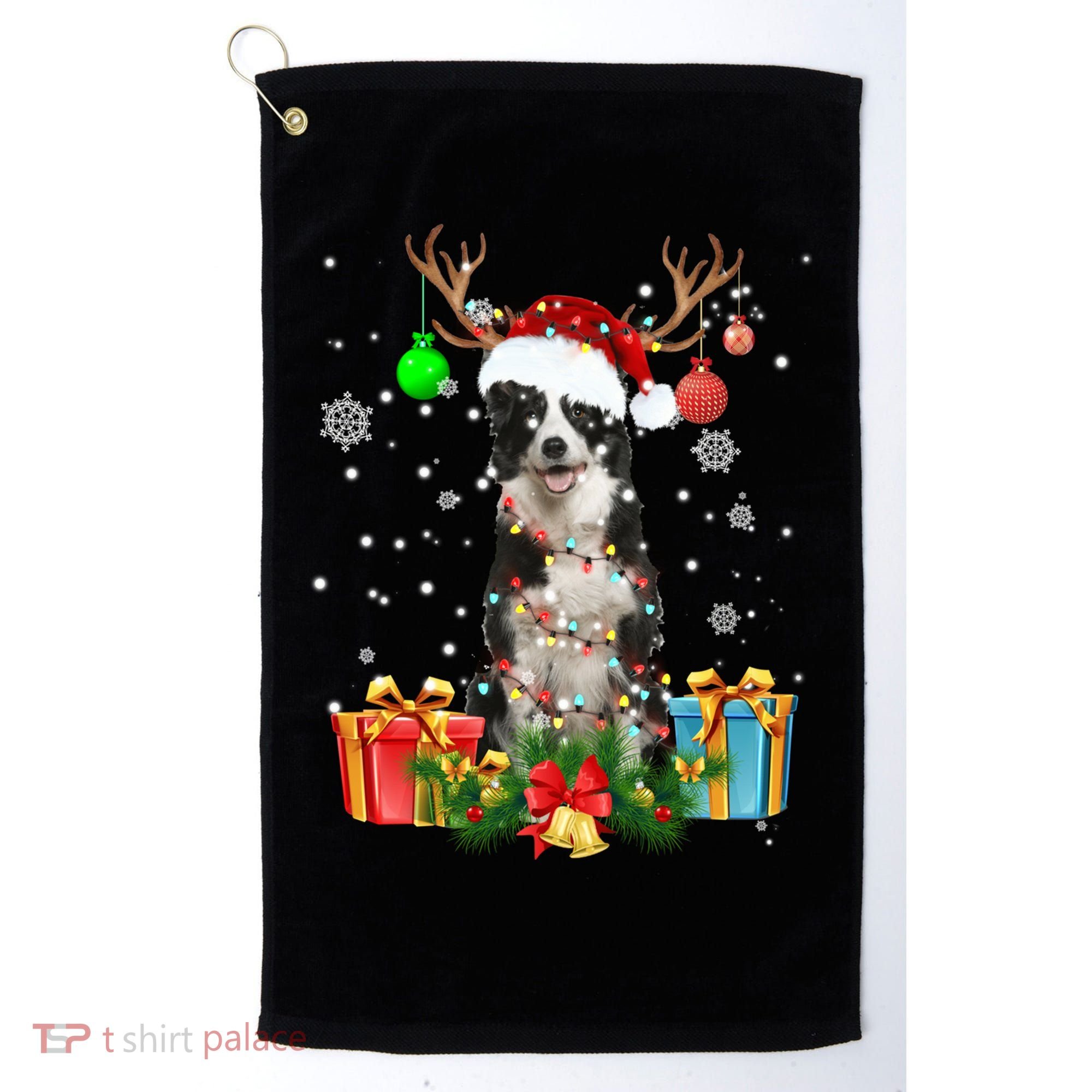 Border Collie Dog Tree Christmas Lights Ugly Xmas Sweater Gift Golf Towel