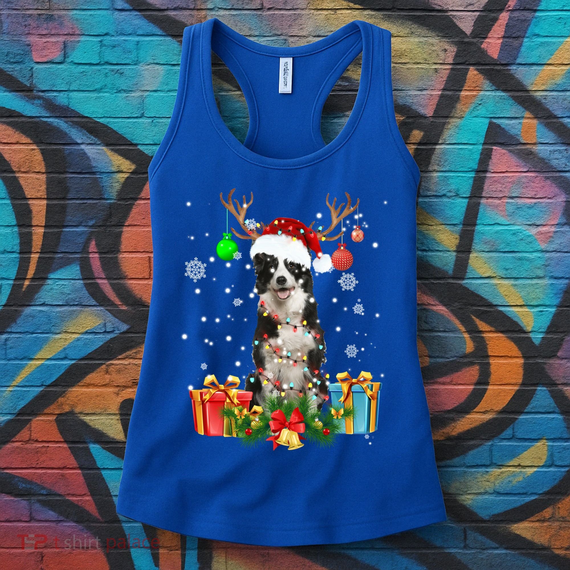 Border Collie Dog Tree Christmas Lights Ugly Xmas Sweater Gift Women's Tank Top
