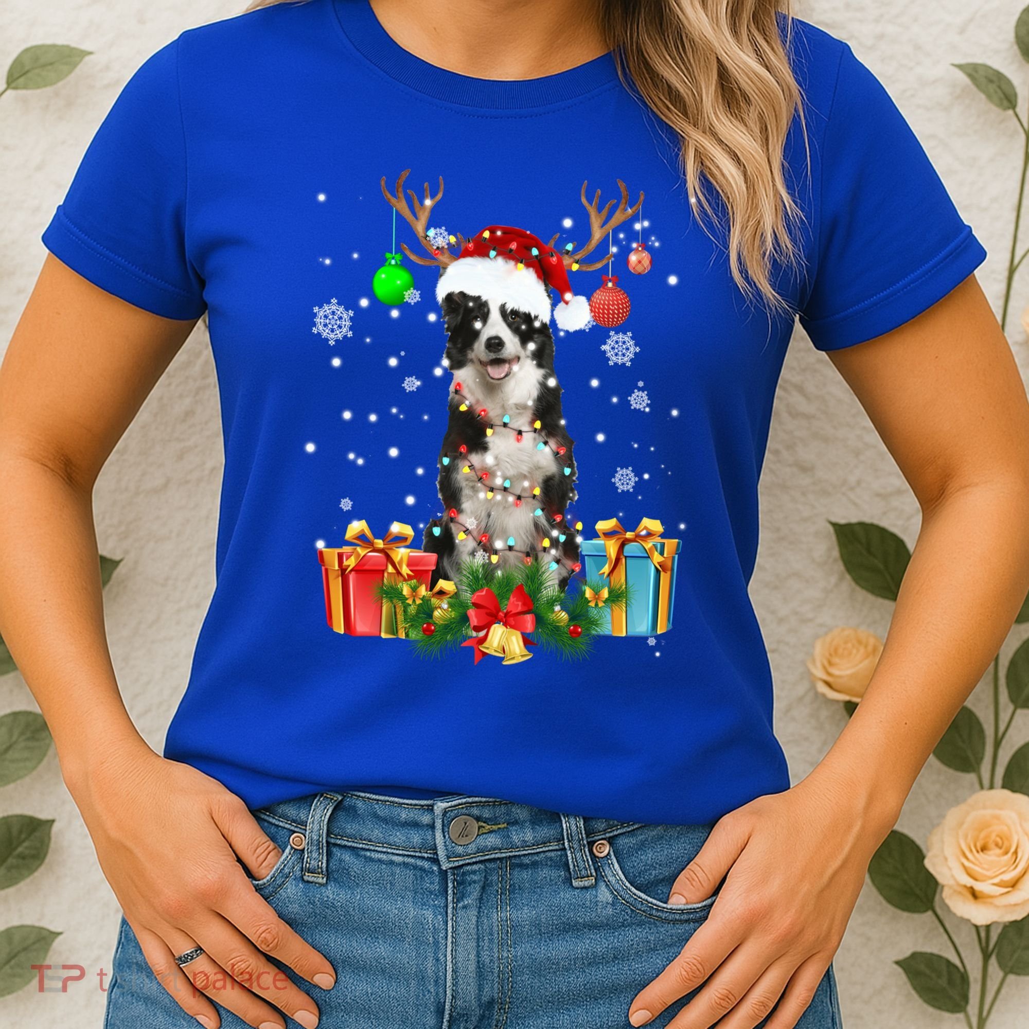 Border Collie Dog Tree Christmas Lights Ugly Xmas Sweater Gift Women's T-Shirt