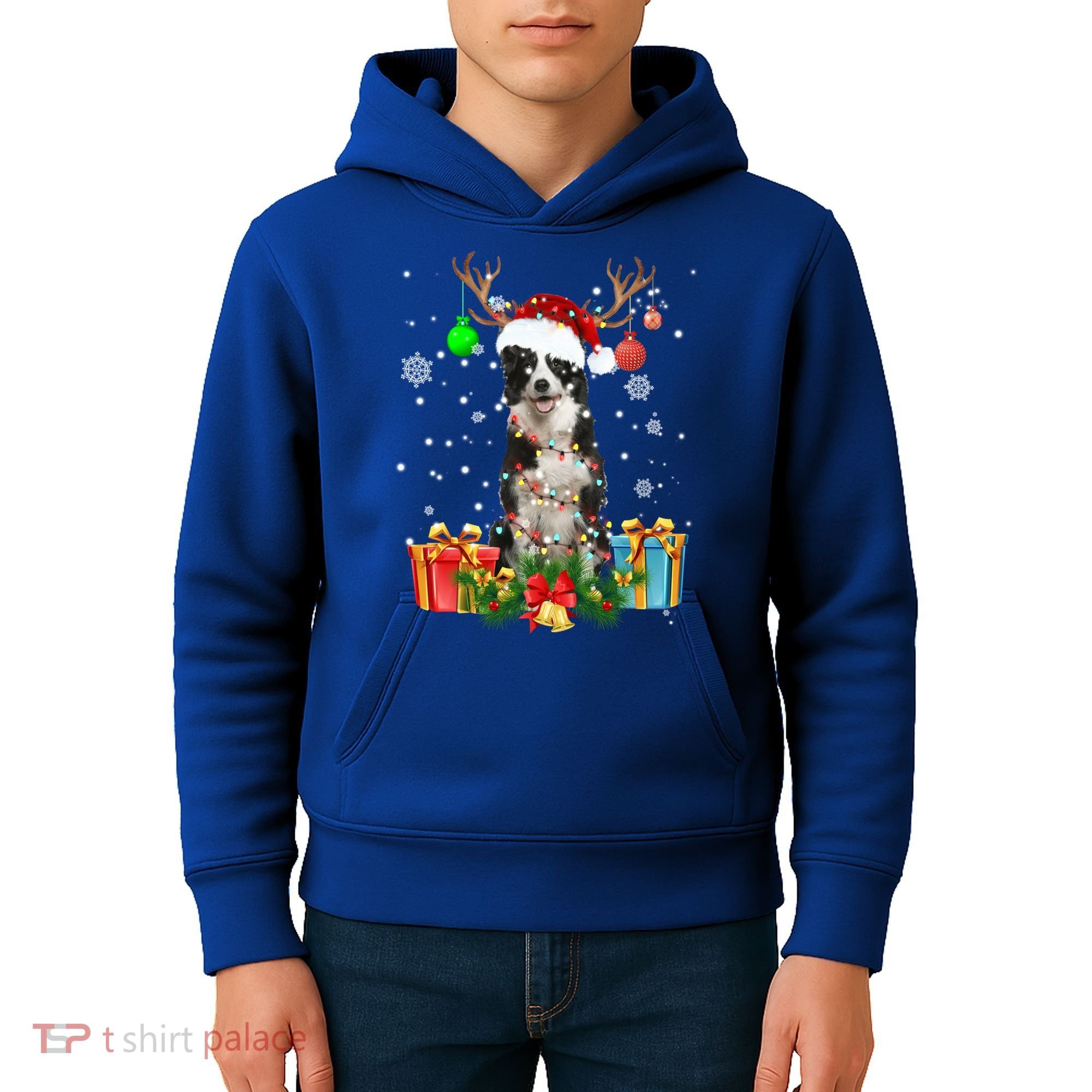 Border Collie Dog Tree Christmas Lights Ugly Xmas Sweater Gift Kids Hoodie