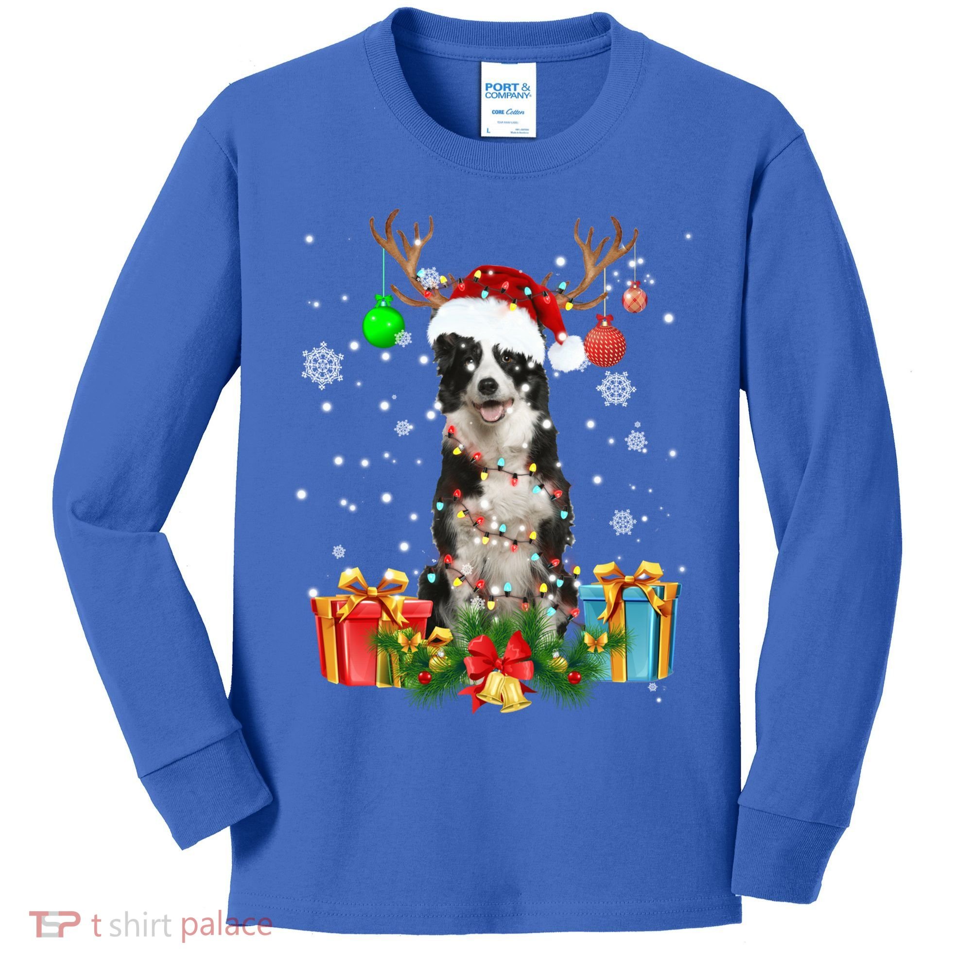 Border Collie Dog Tree Christmas Lights Ugly Xmas Sweater Gift Kids Long Sleeve Shirt