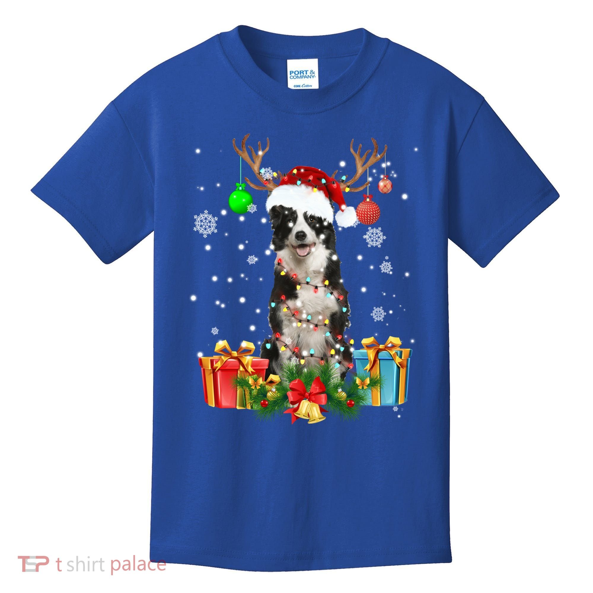 Border Collie Dog Tree Christmas Lights Ugly Xmas Sweater Gift Kids T-Shirt