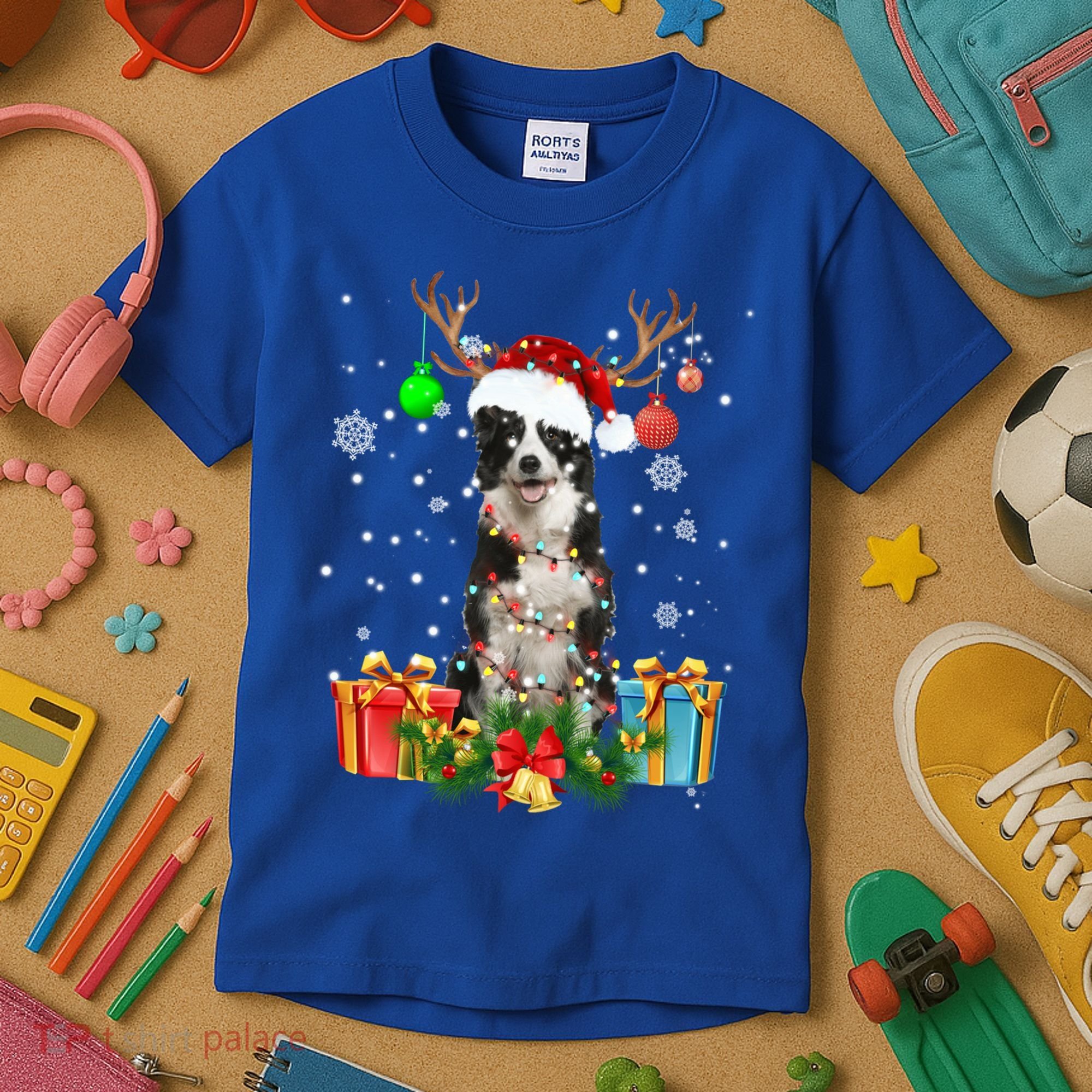 Border Collie Dog Tree Christmas Lights Ugly Xmas Sweater Gift Kids T-Shirt