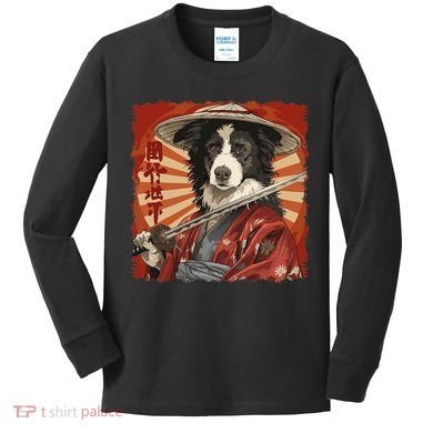 Border Collie Dog Japanese Art Samurai Ukiyo.E Vintage Kids Long Sleeve Shirt