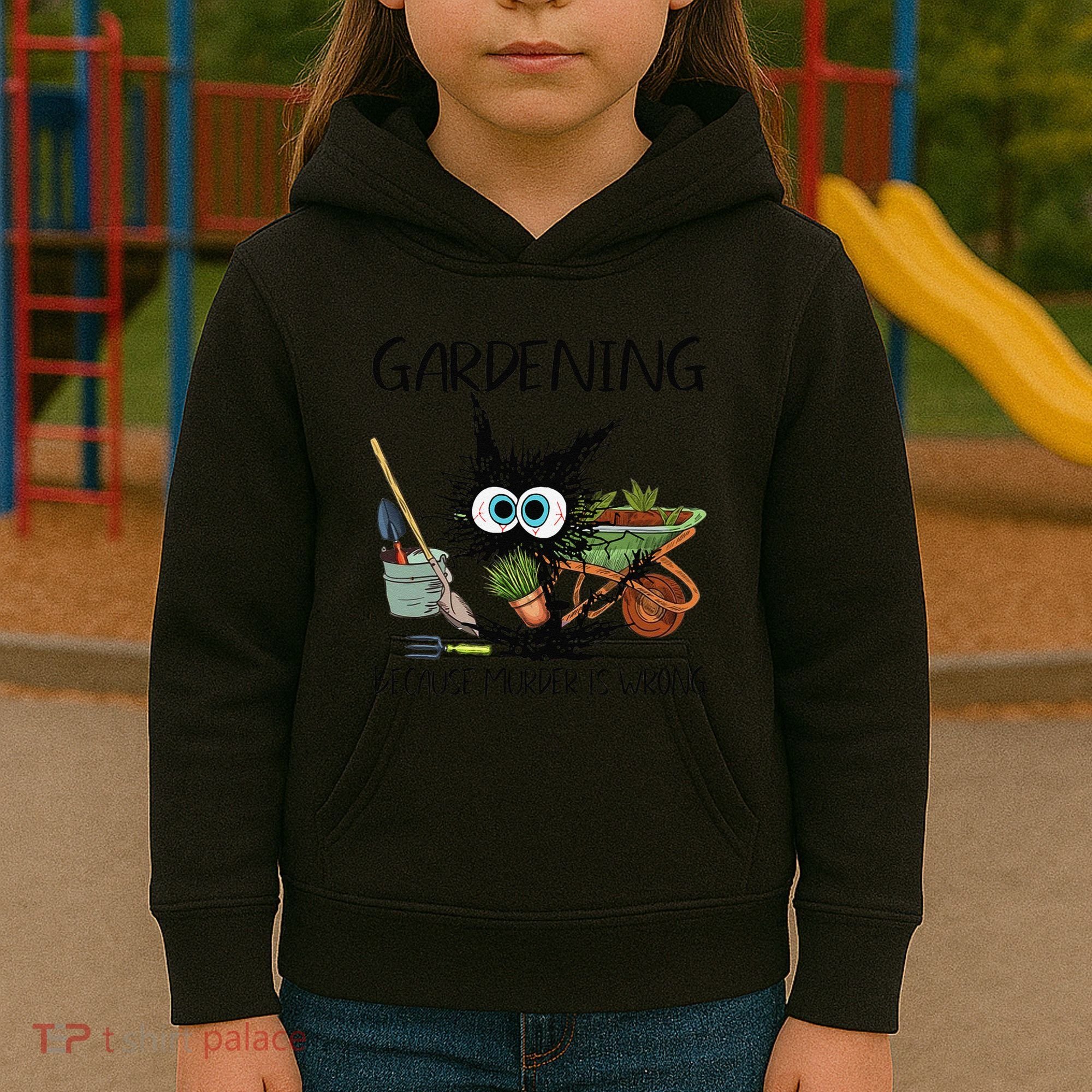 Black Cat Do Gardening Because Murder Is Wrong (1) Kids Hoodie