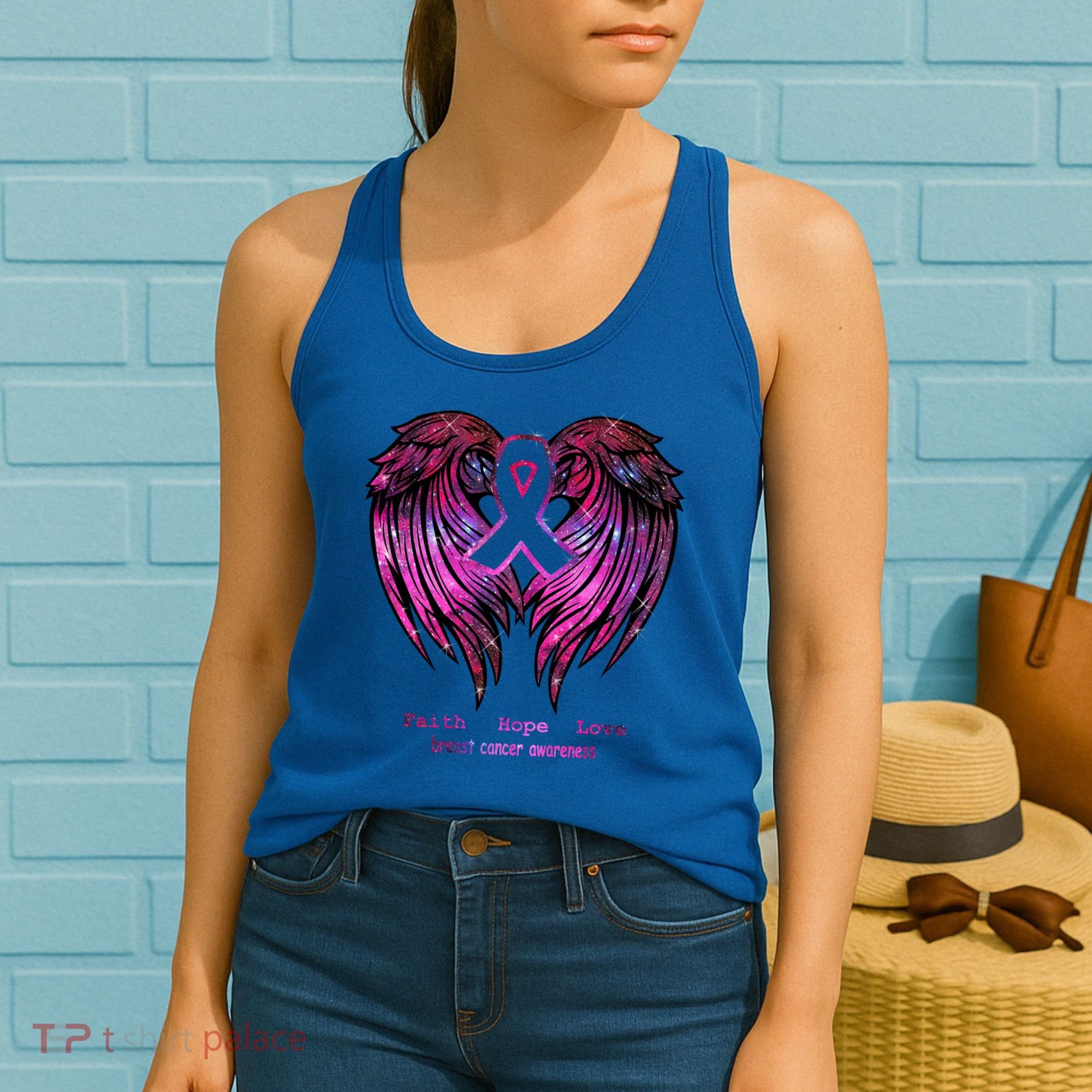 Breast Cancer Faith Hope Love Wings Great Gift Awareness (Back) Funny Gift Women's Tank Top