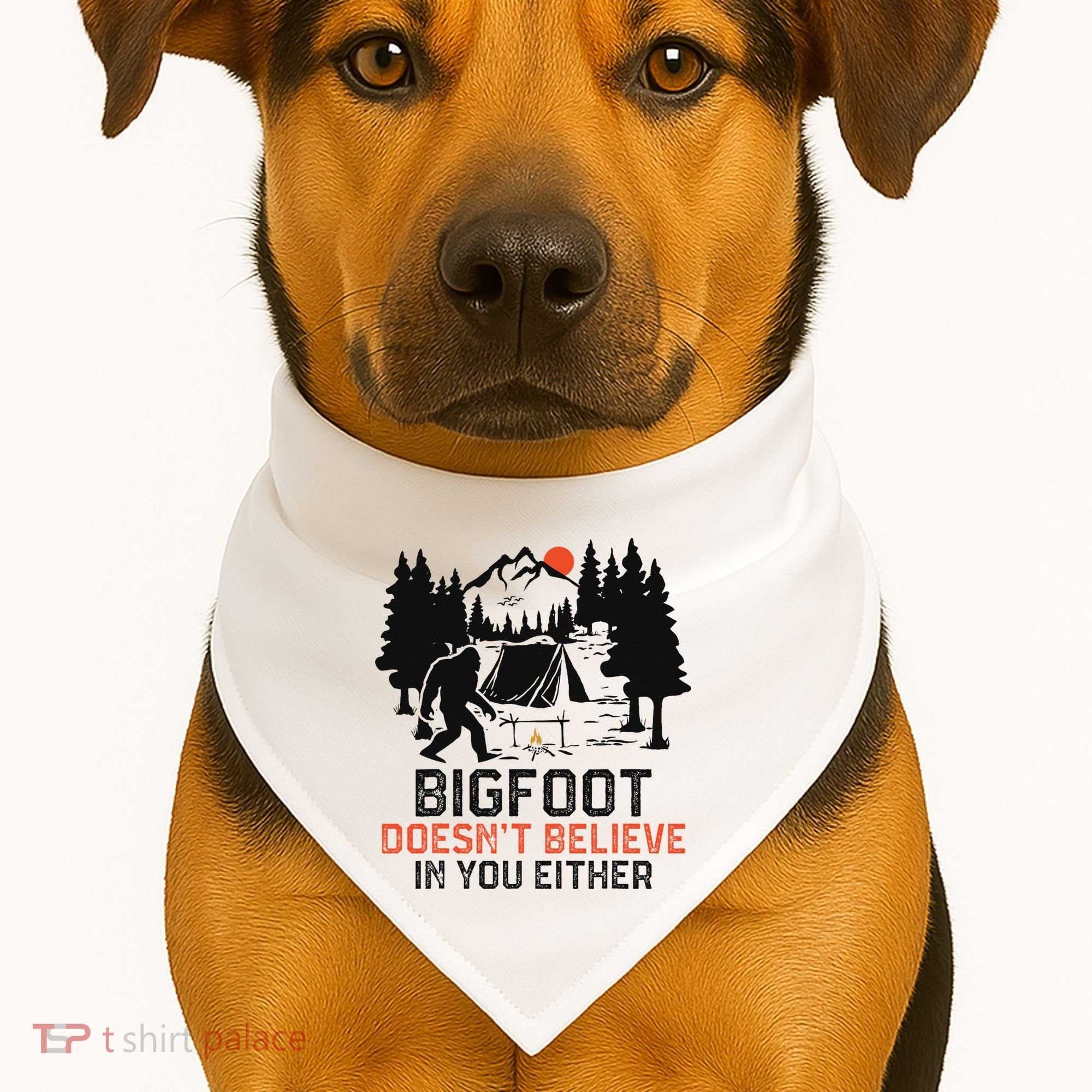 Bigfoot Camping Funny Bigfoot Doesn't Believe In You Either USA-Made Doggie Bandana