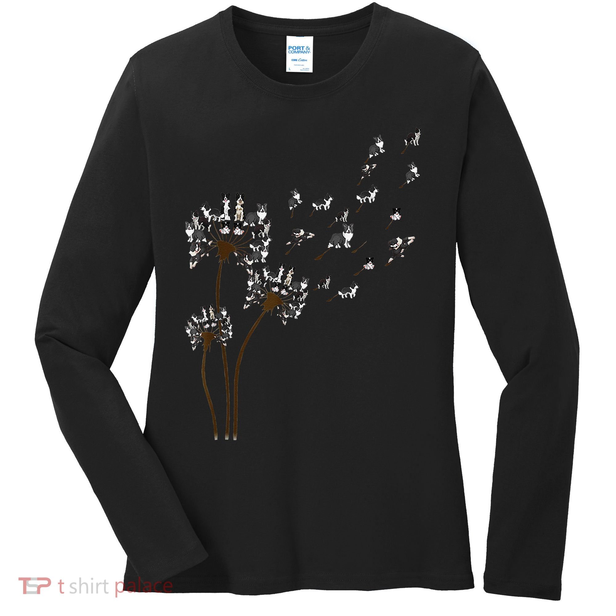 Border Collie Flower Fly Dandelion Funny Dog Women's Long Sleeve Shirt