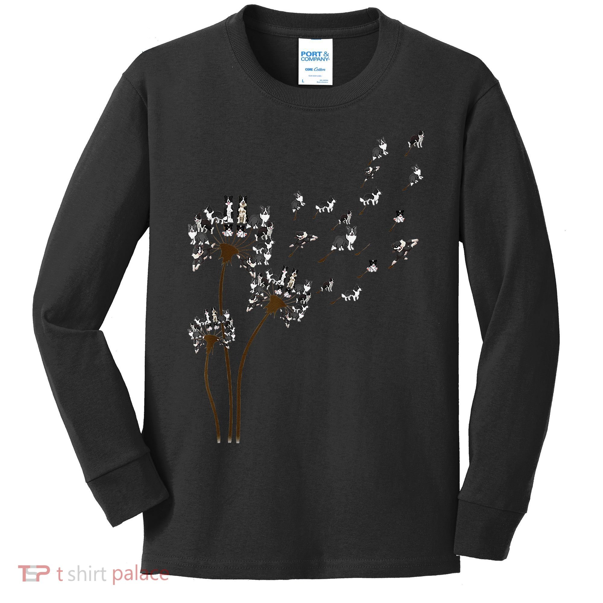 Border Collie Flower Fly Dandelion Funny Dog Kids Long Sleeve Shirt