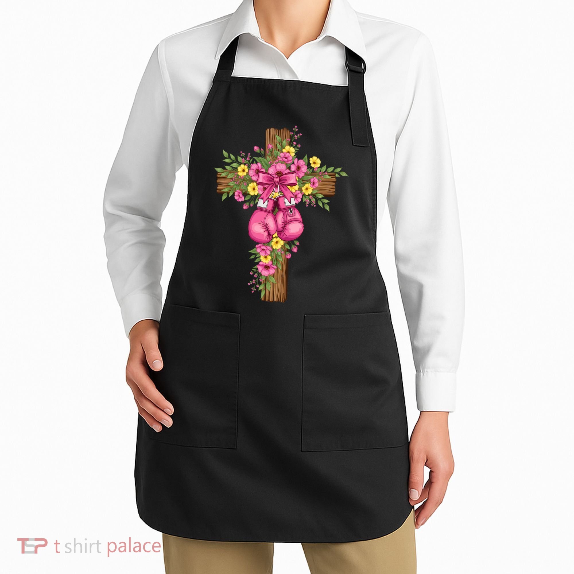 Breast Cancer Fight Boxing Gloves Cross Christian Apron