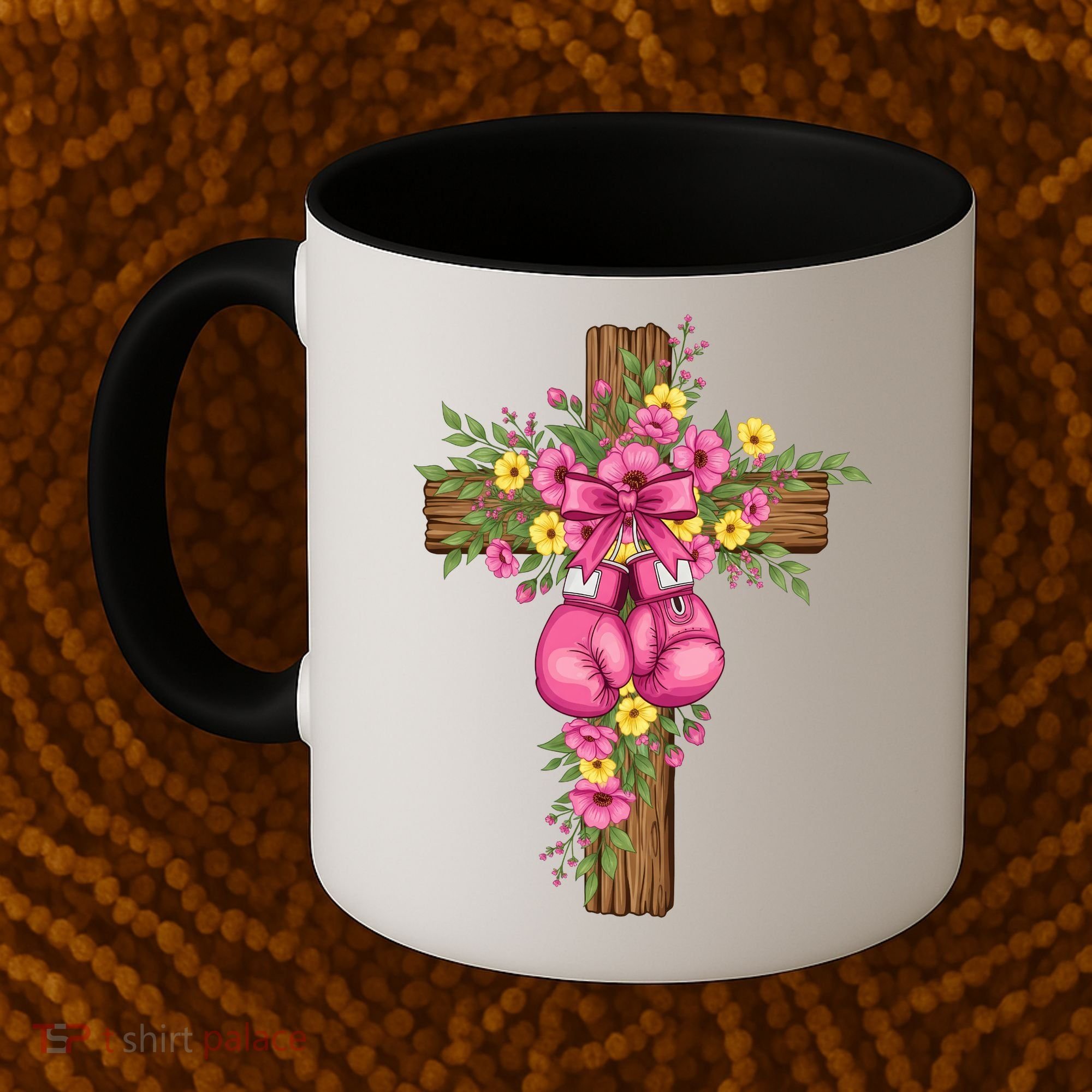 Breast Cancer Fight Boxing Gloves Cross Christian Coffee Mug