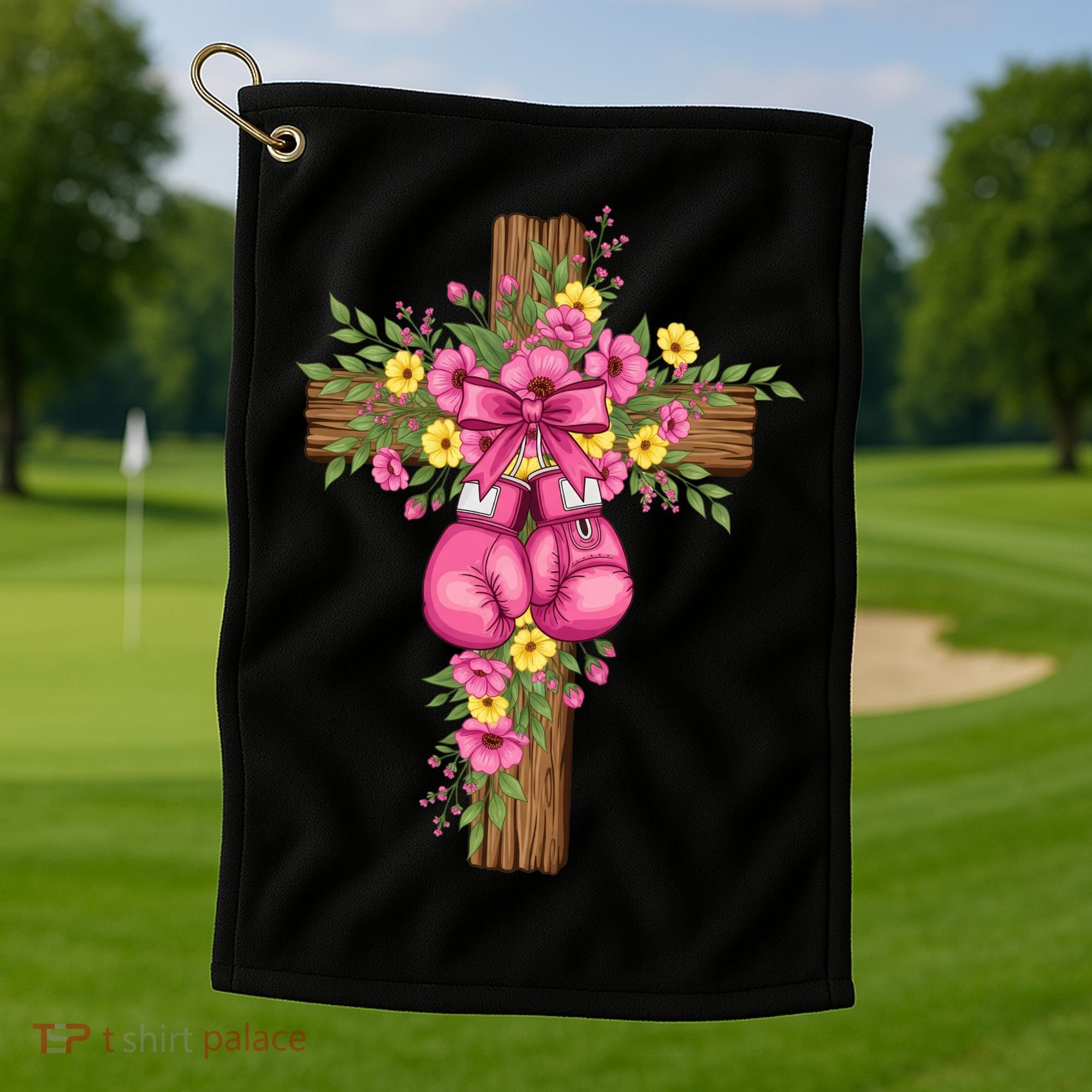 Breast Cancer Fight Boxing Gloves Cross Christian Golf Towel