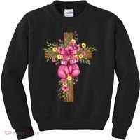 Breast Cancer Fight Boxing Gloves Cross Christian Kids Sweatshirt thumb 0