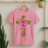 Breast Cancer Fight Boxing Gloves Cross Christian T-Shirt thumb 2