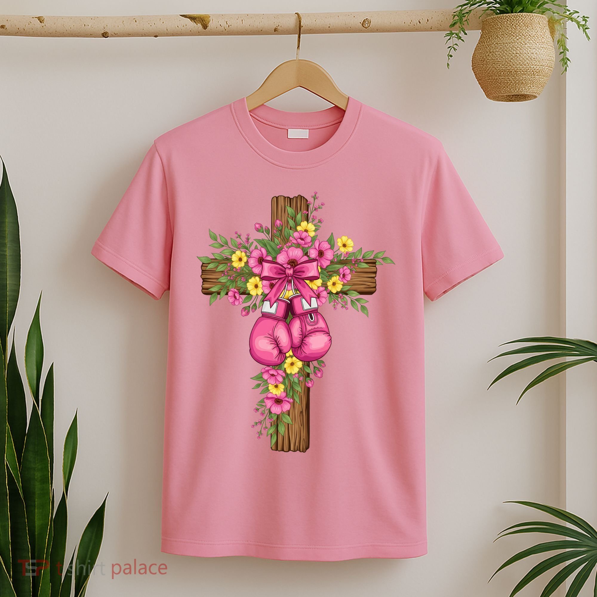 Breast Cancer Fight Boxing Gloves Cross Christian T-Shirt