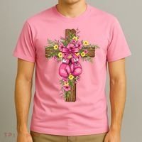 Breast Cancer Fight Boxing Gloves Cross Christian T-Shirt thumb 3