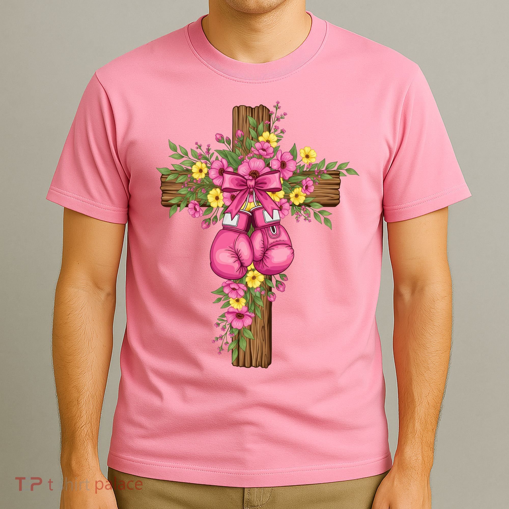 Breast Cancer Fight Boxing Gloves Cross Christian T-Shirt